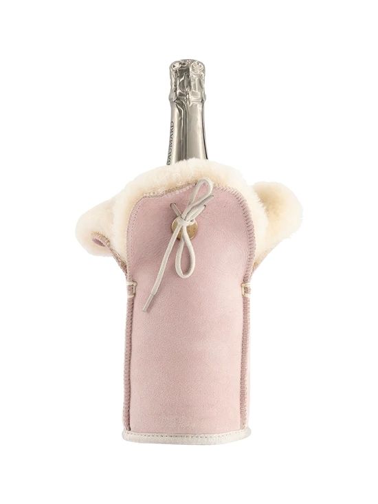 Kywie Champagnekoeler Baby Pink Suede 12x23.5 cm - 100% Schapenvacht - Wol Creme - 750ml/1l