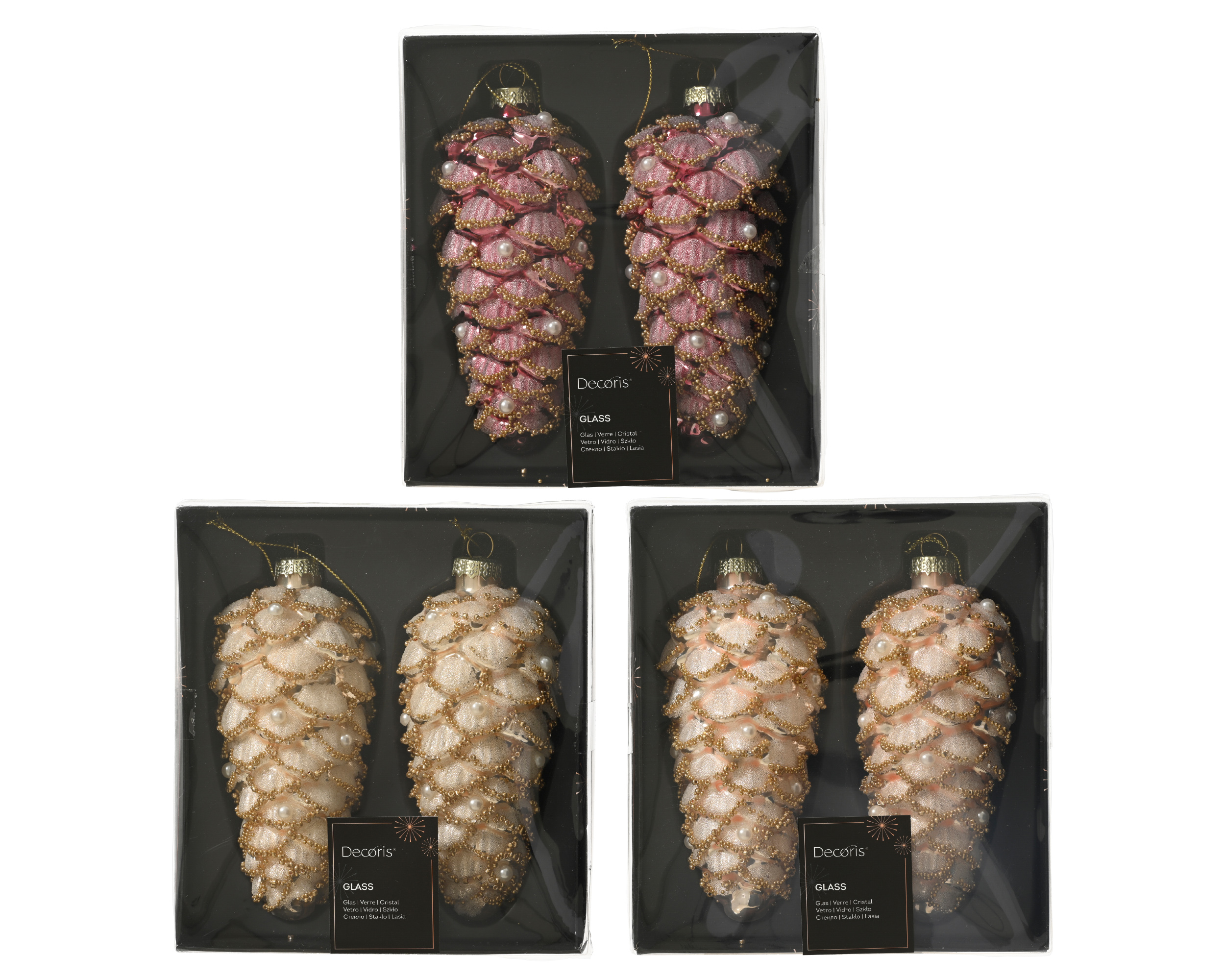 Boomhanger Glas Dennenappel 6x12 cm  - Mat - assorti - prijs per stuk