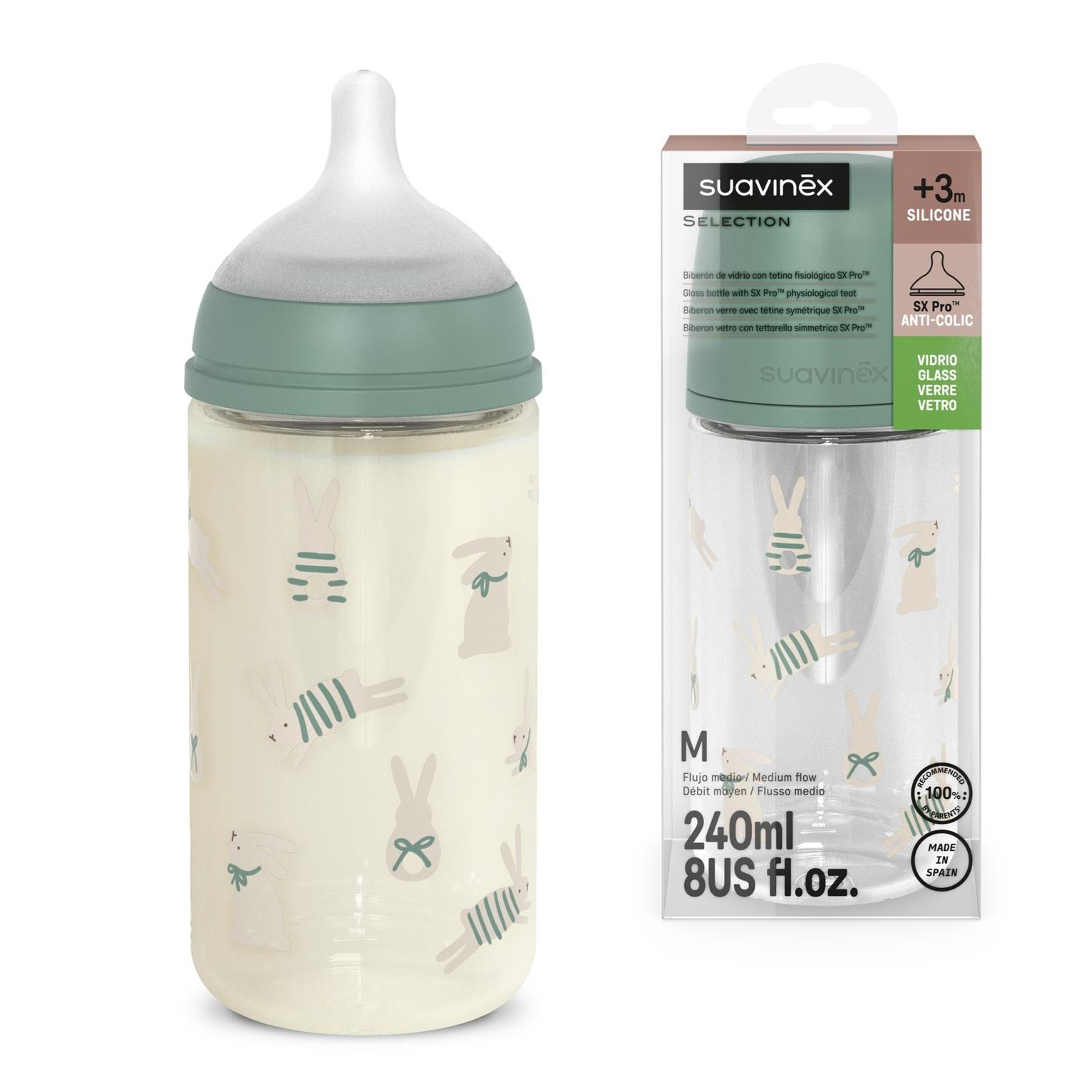 Suavinex Zuigfles Sx Pro Wonderland Glas 240 ml - Zuigspeen small - Konijn Groen