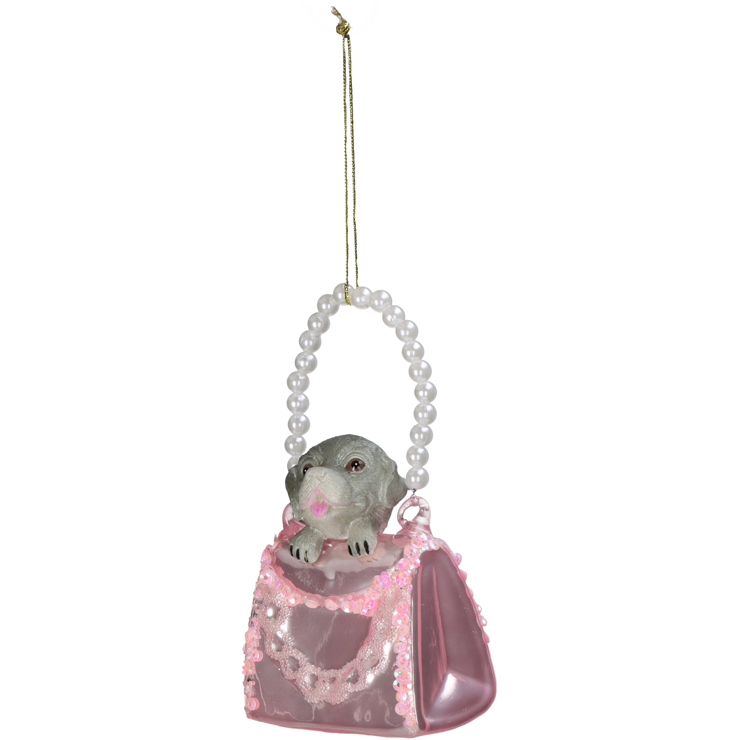 Boomhanger Glas Hond in Handtas Roze 8cm