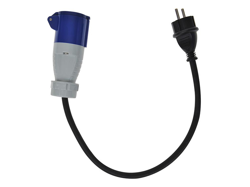 Camping Verloopsnoer CEE blauw 16 Amp naar 220 Volt gewone stekker