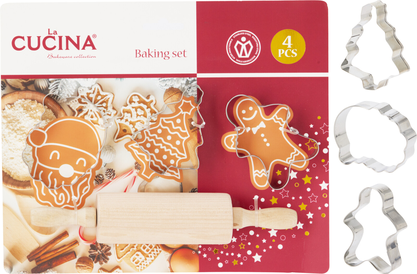 Bakset Kerst 4-delig - 3 Uitsteekvormen en 1 Deegrol