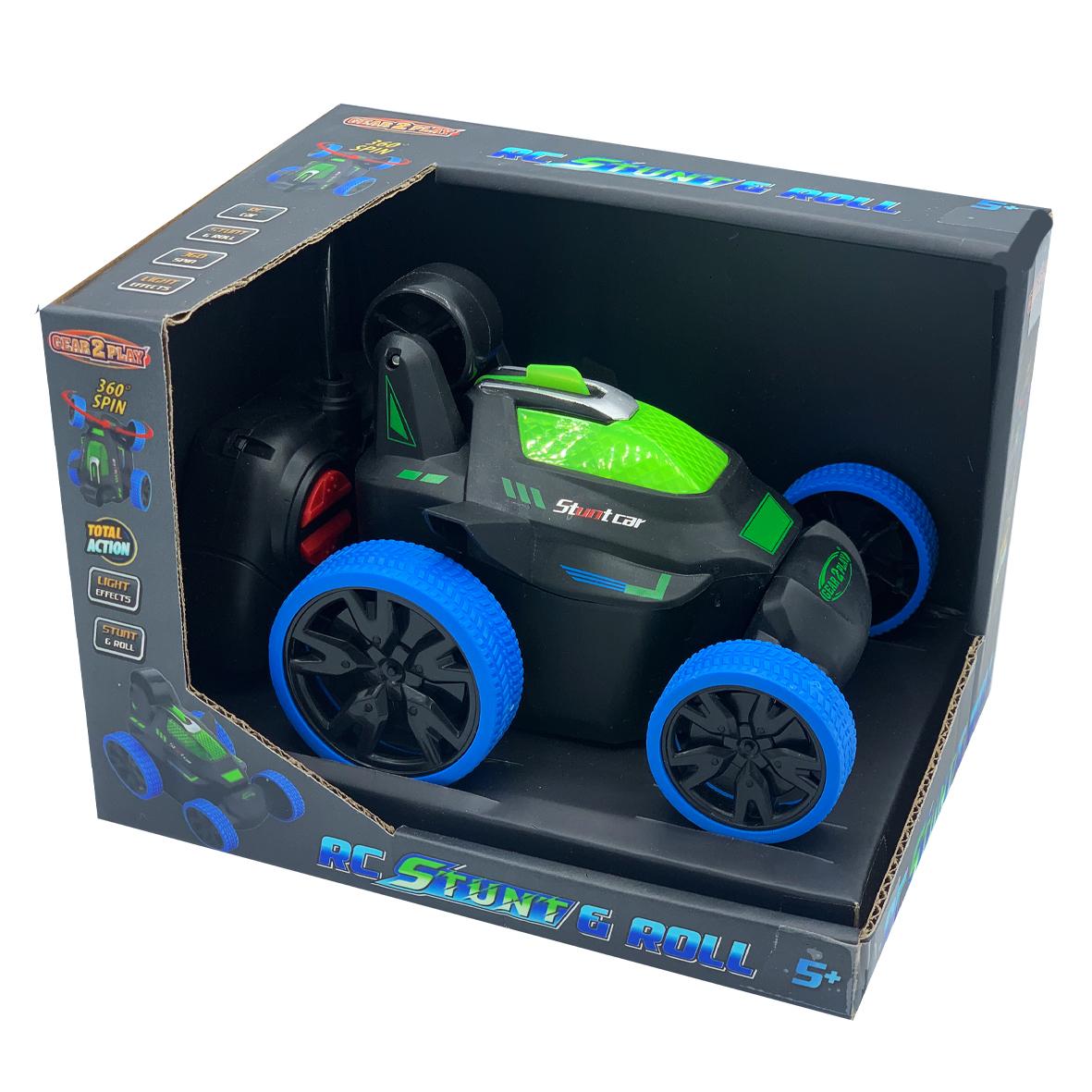 Gear2Play Stunt en Roll RC auto blauw - groen, 360 spin met licht effect