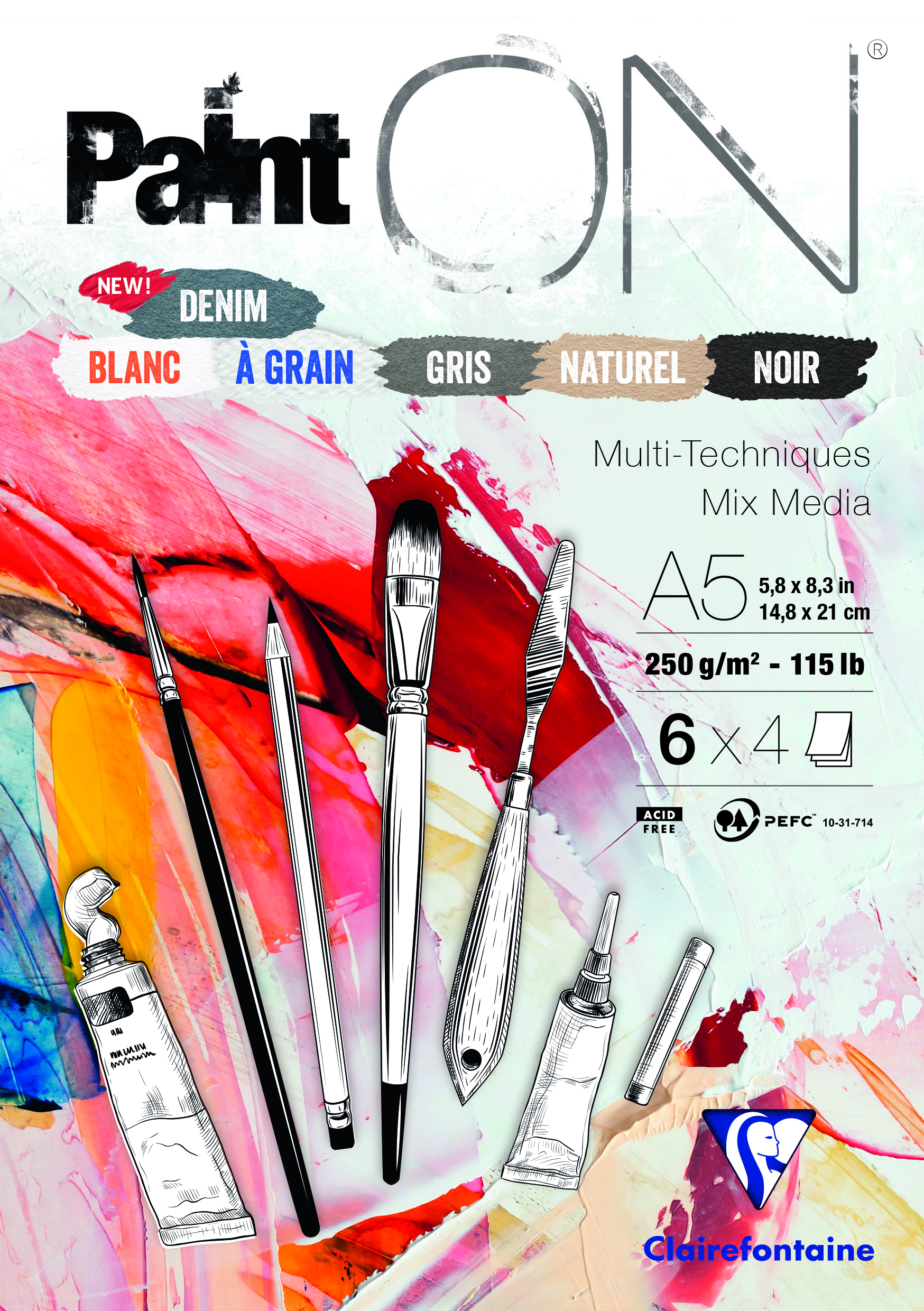 Clairefontaine Tekenblok PaintON Nr.6 A5 250 g - 24 vel - Geassorteerde Kleuren