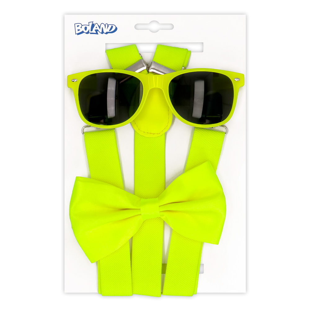 Accessoireset Neongeel UV Partybril, Vlinderstrik en Bretels