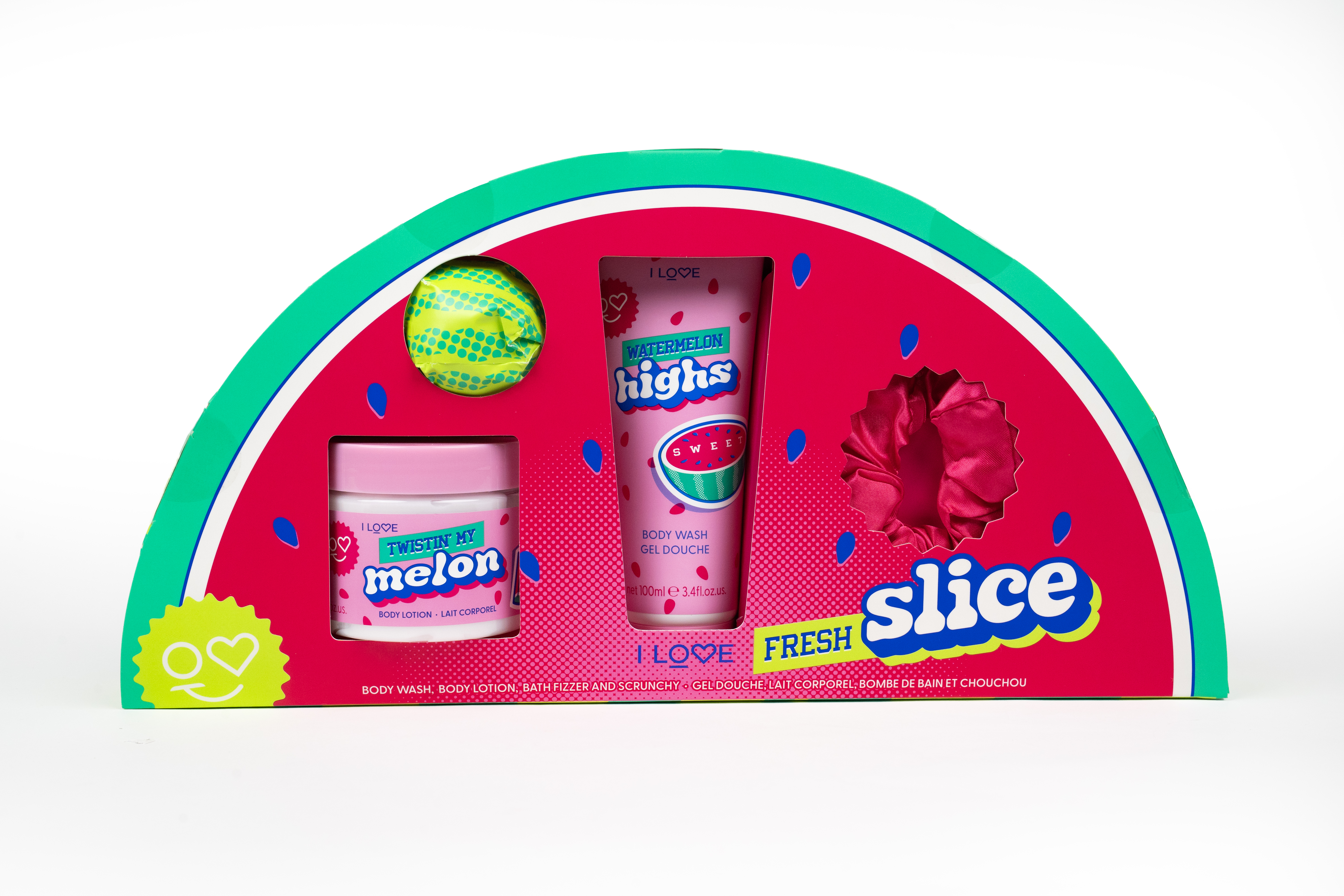 I Love Set Fresh Slice 4-delig - Body Wash 100ml/Bodylotion 150ml/Bruisbal 50g/Scrunchie