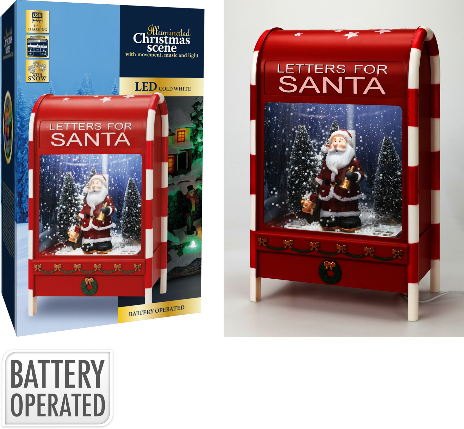 Brievenbus LED met Sneeuw & Muziek - 25x15x40 cm - 4 led - Koud Wit - op Batterijen (excl.)