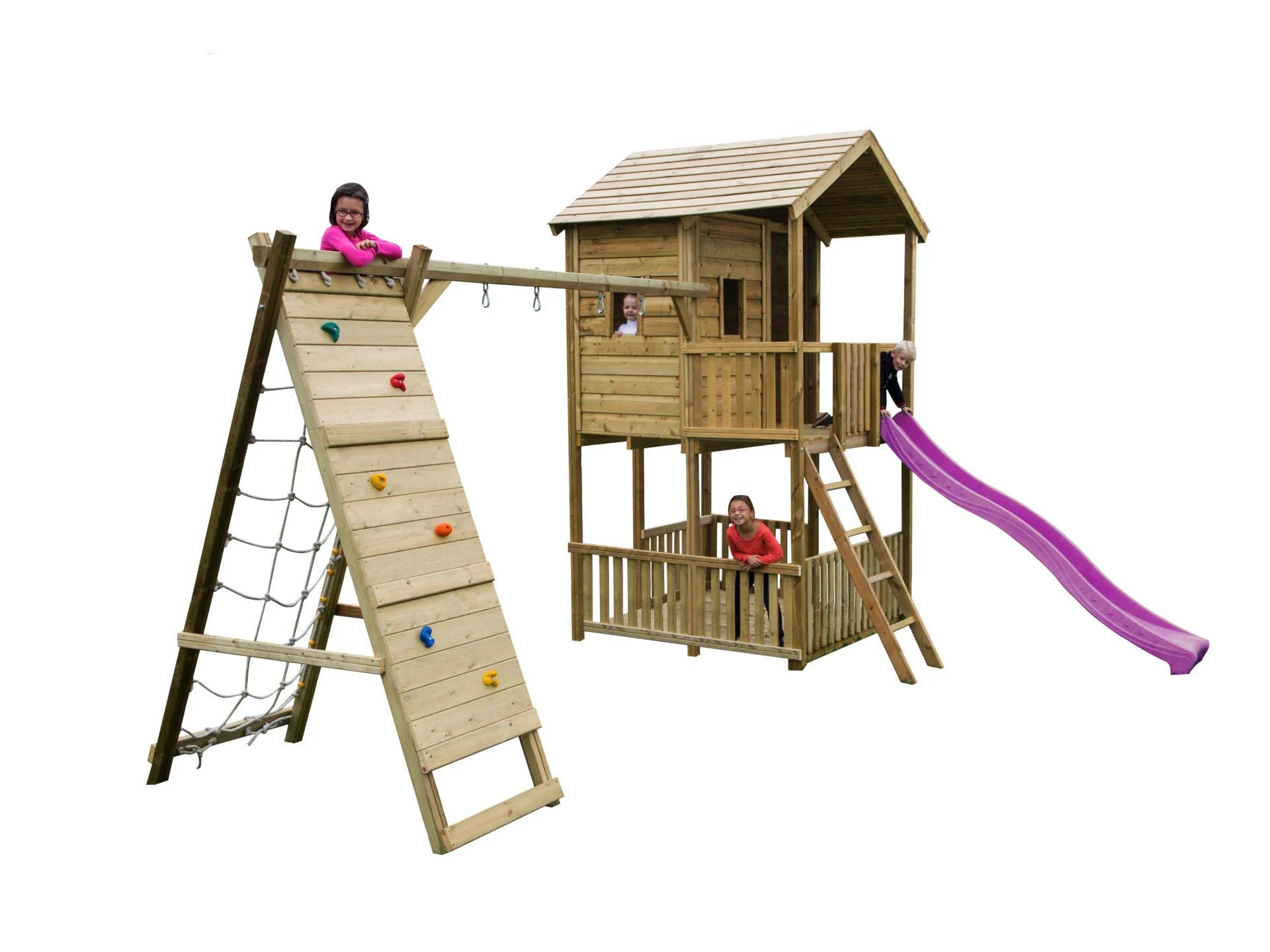 BnB Wood Mael Full Speeltoren met fuchsia Glijbaan