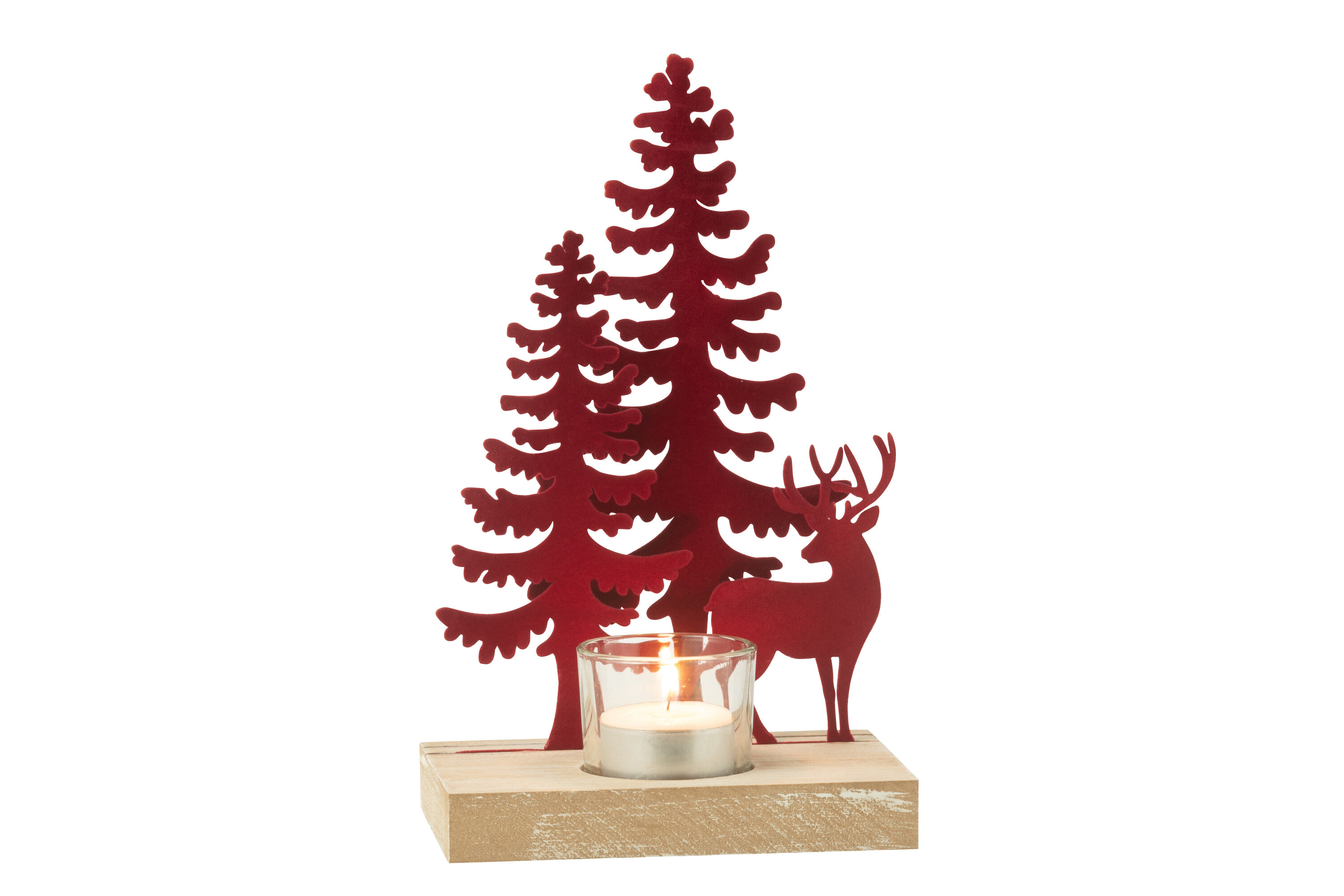 J-Line Theelichthouder Bomen & Rendier 13.5x10x22 cm - Metaal/Hout - Rood