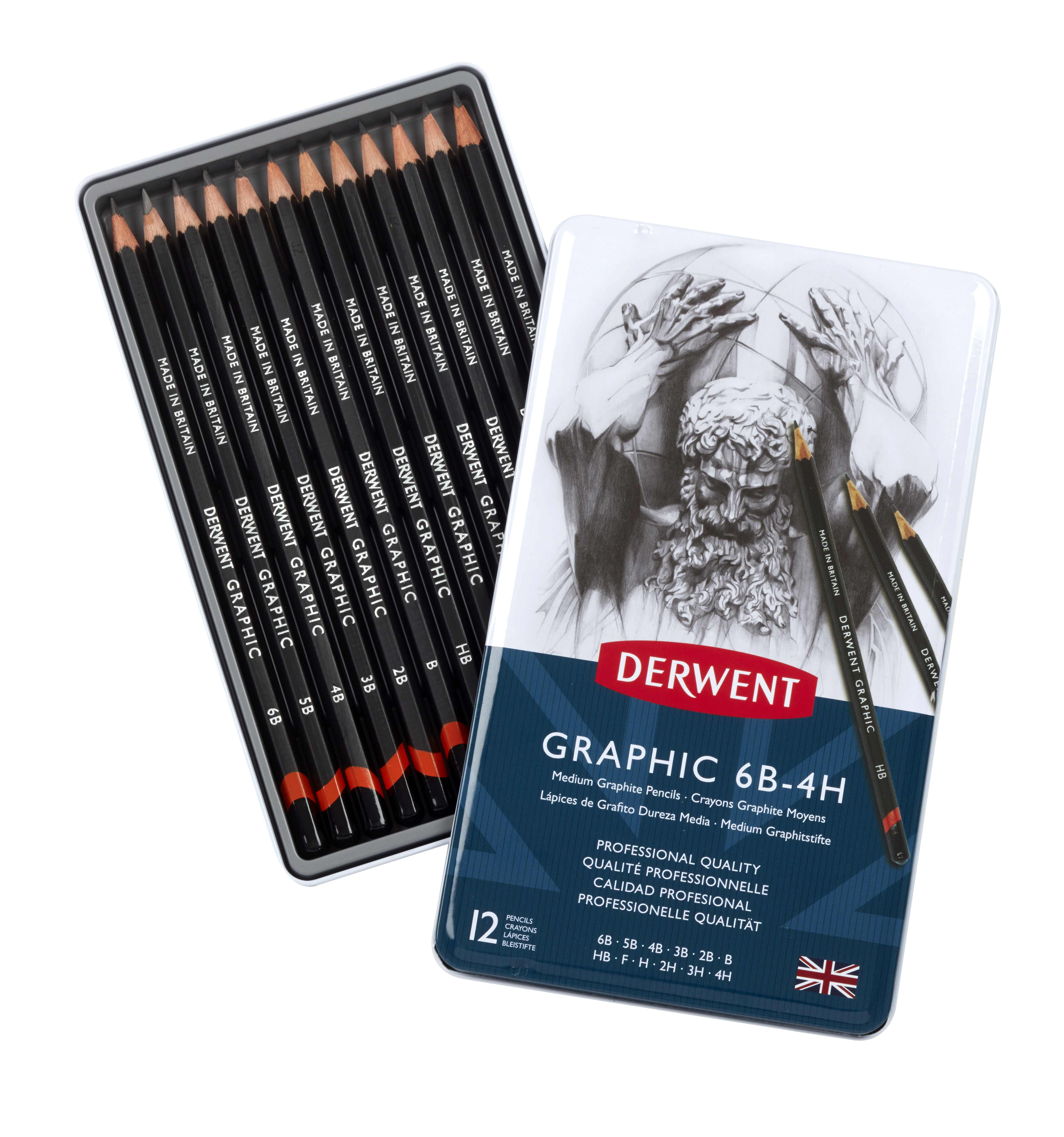 Derwent Graphic Potloden Set Medium 12 stuks - Metalen Doos - 6B-4H
