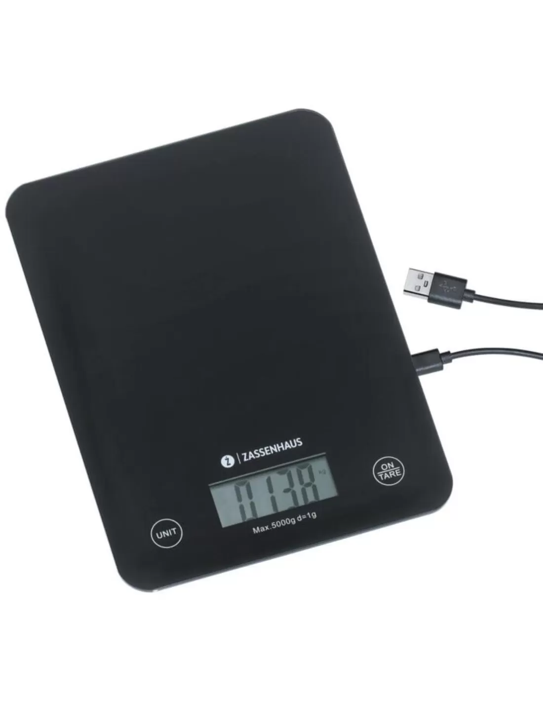 Zassenhaus Keukenweegschaal Balance - Digitaal - tot 5kg - op 1g - LC-Display - 21.5x16x2 cm - Breukvast Glas - met USB