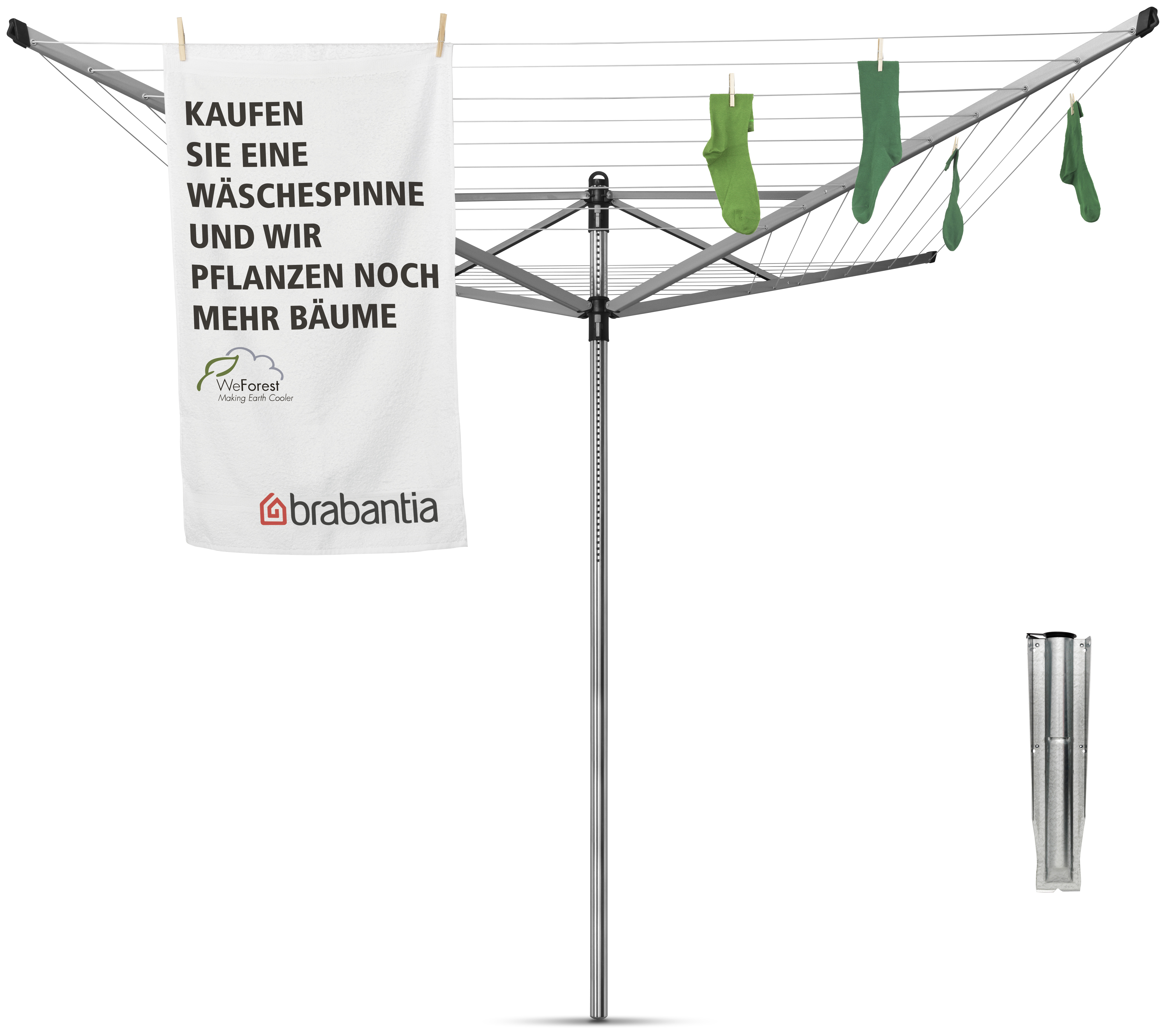 Brabantia Droogmolen Lift-O-Matic 50m Metallic Grey met Metalen Grondanker - diameter 4.5cm