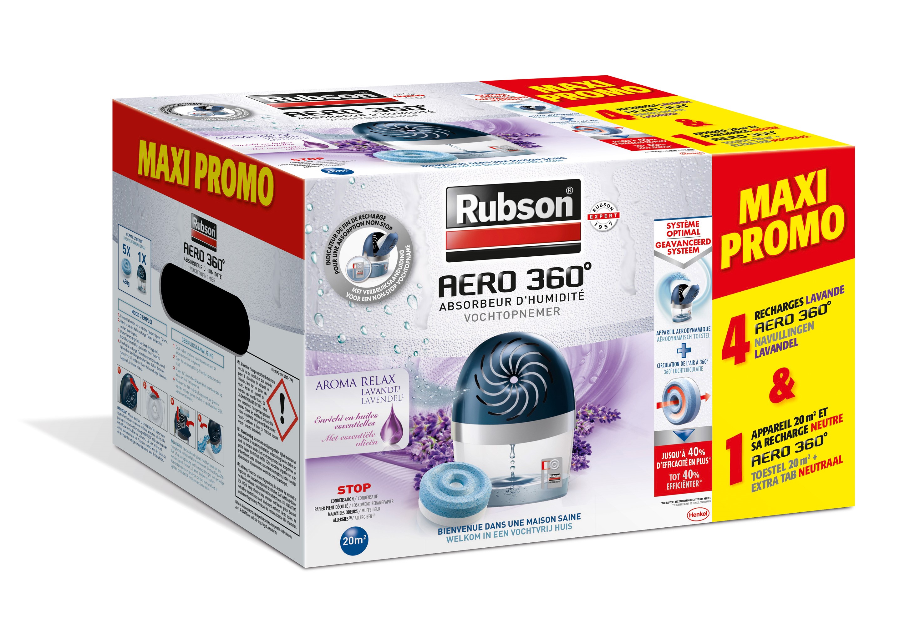Rubson Vochtopnemer Navulling Lavendel Promopack : 4 Tabs + gratis Toestel Aero