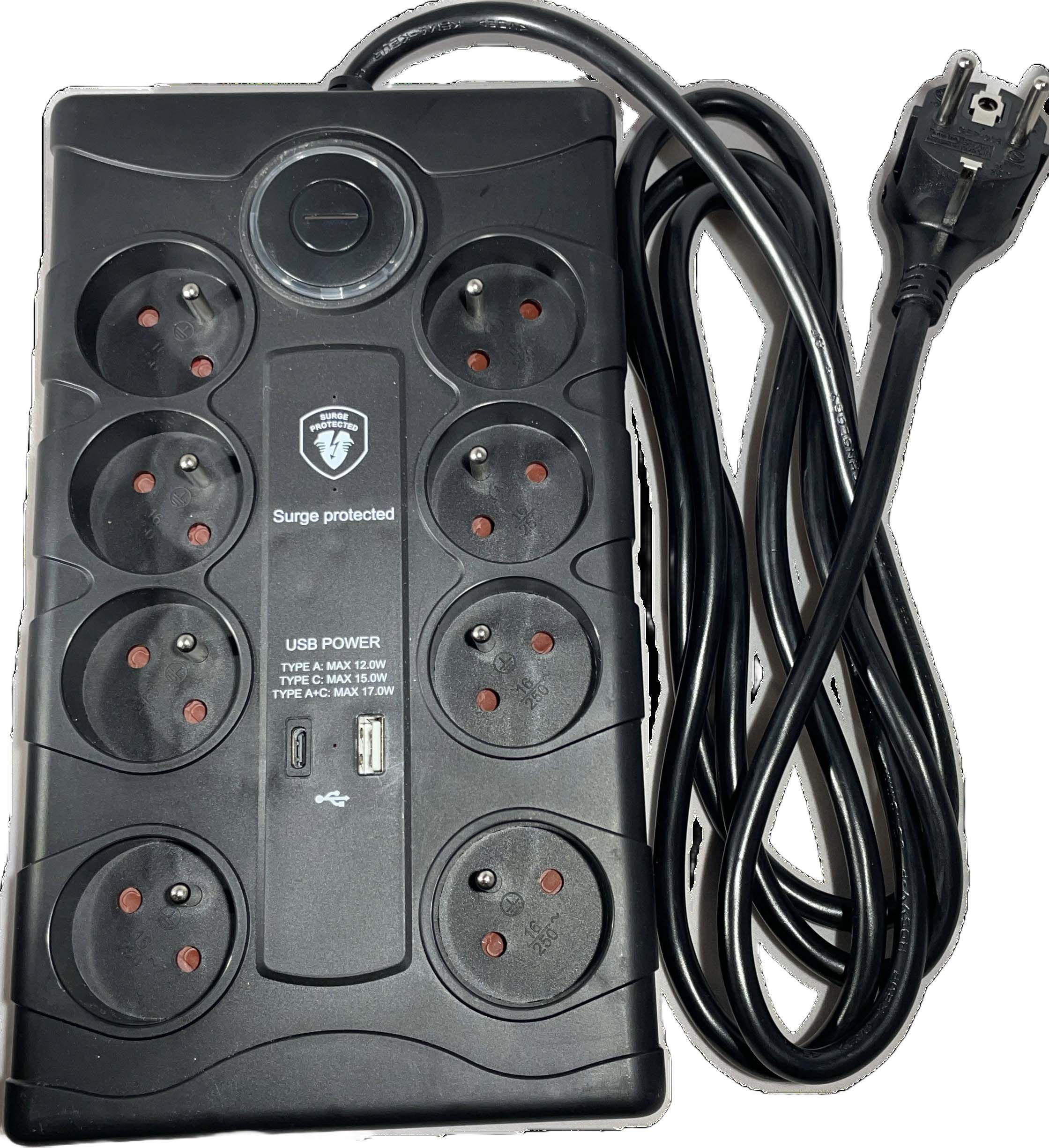 Stekkerdoos 8-voudig 1.5 m Snoer Zwart met Schakelaar, overspanningbeveiliging, USB A en C