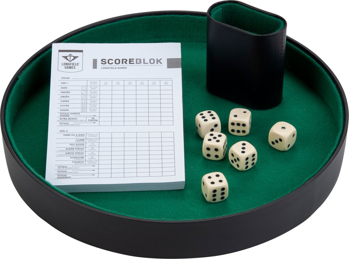 Dobbelbak 28 cm met dobbelstenen en scoreblok