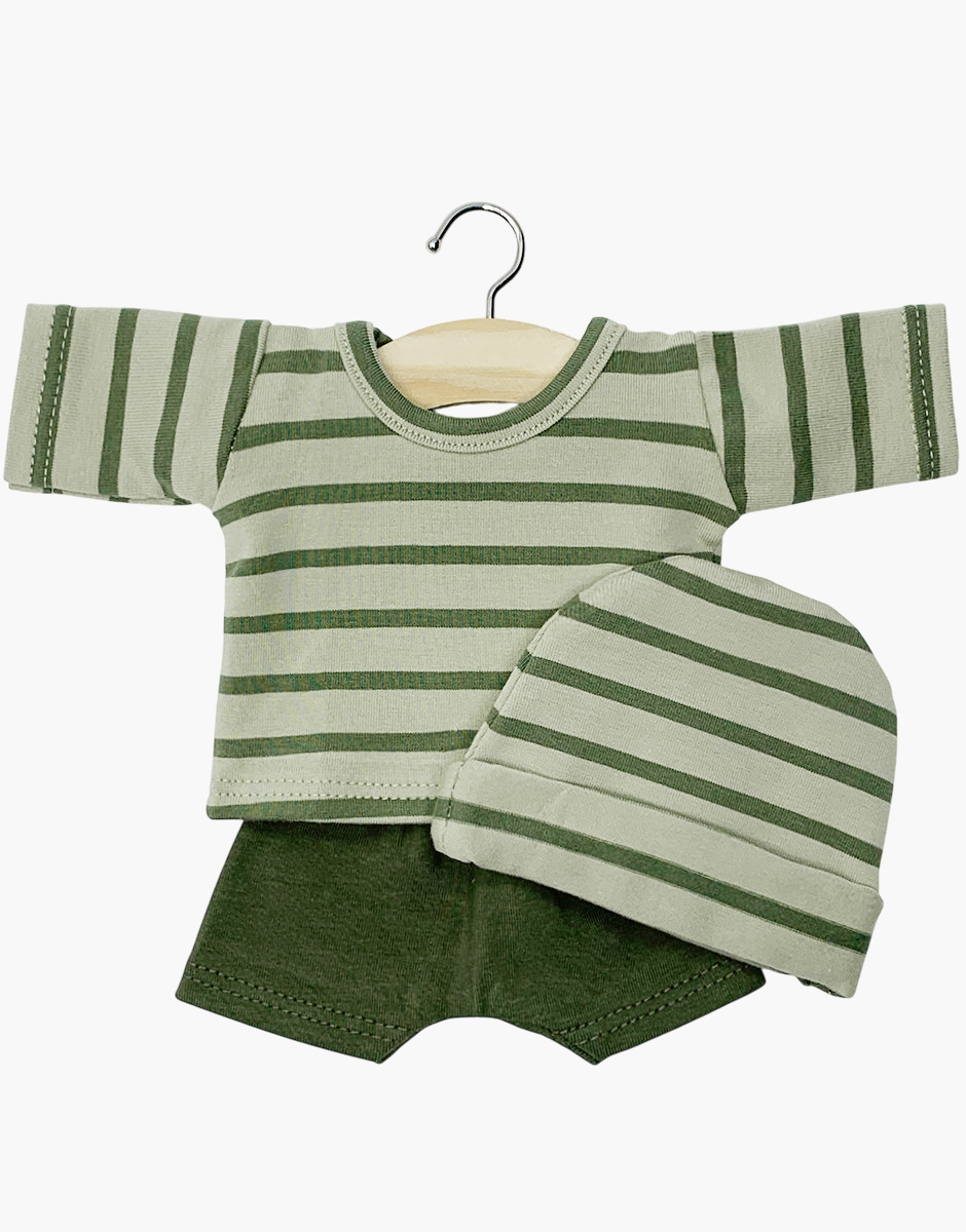 Minikane Babypop Kleertjes - Trui Luigi Gestreept Khaki en Broek Groen met Muts