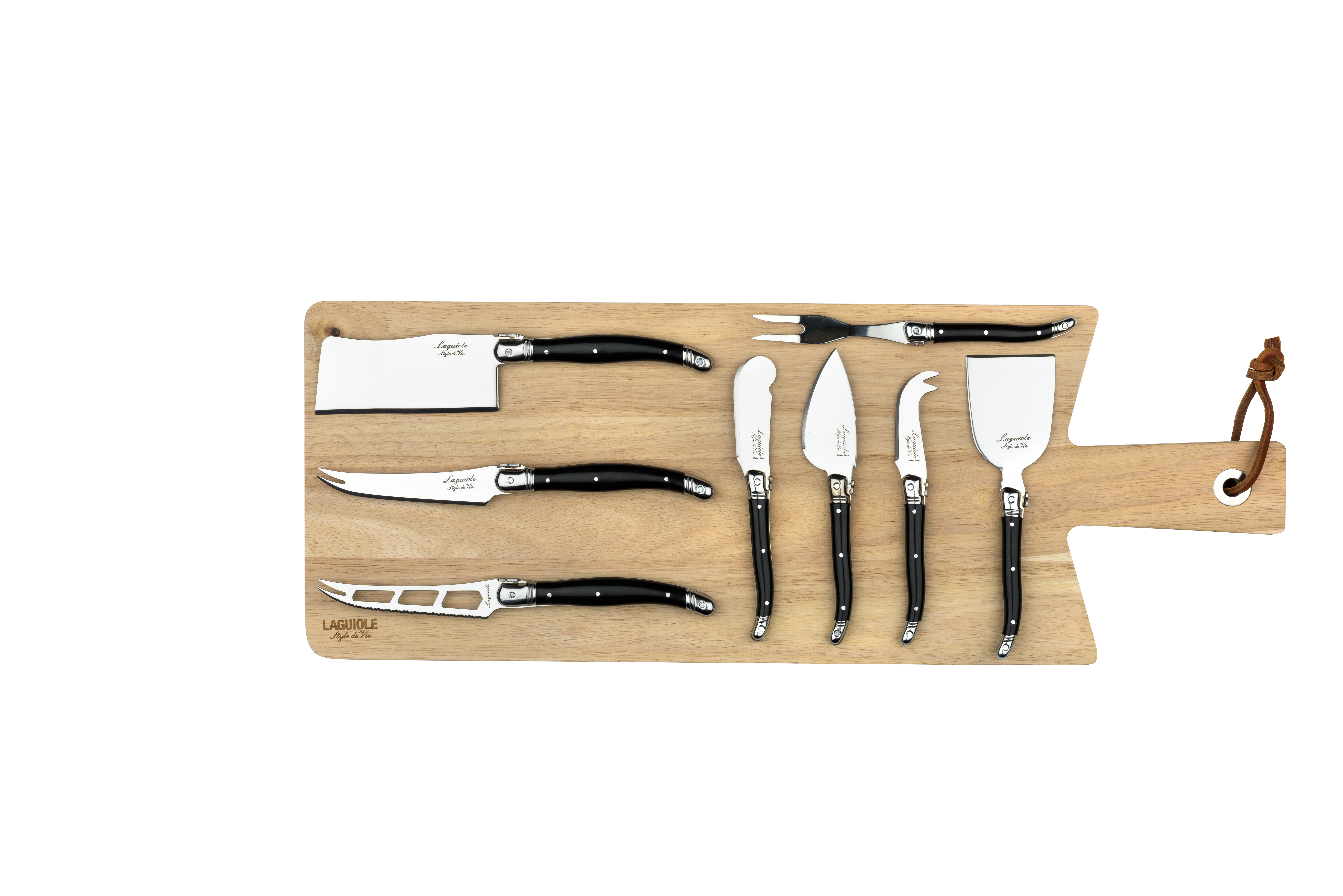 Laguiole Kaasmes Zwart set 8 stuks met Eikenhouten Plank 50cm