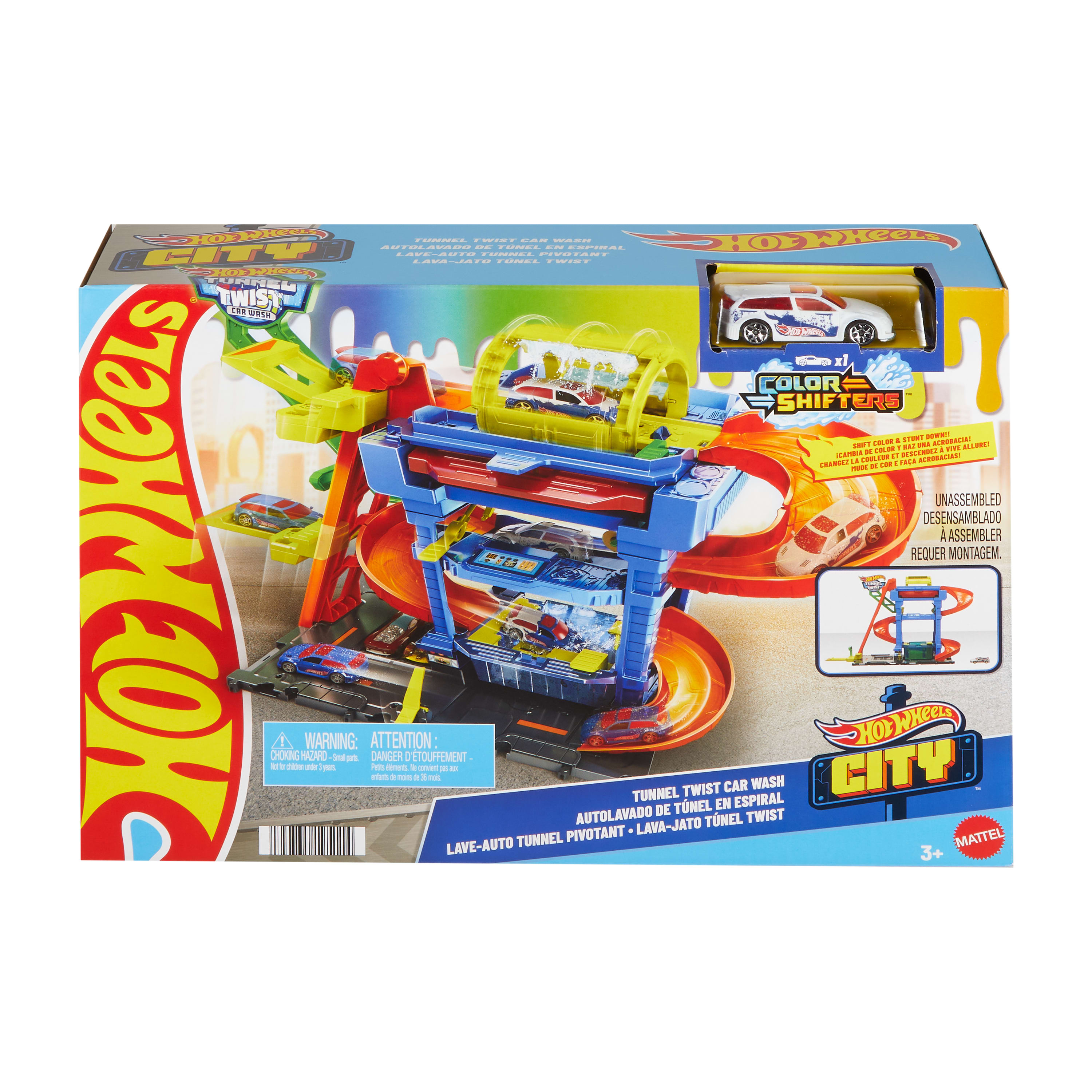 Hot Wheels City Baanset met Wasstraat met Draaiende Tunnel, met 1 Color Shifters auto