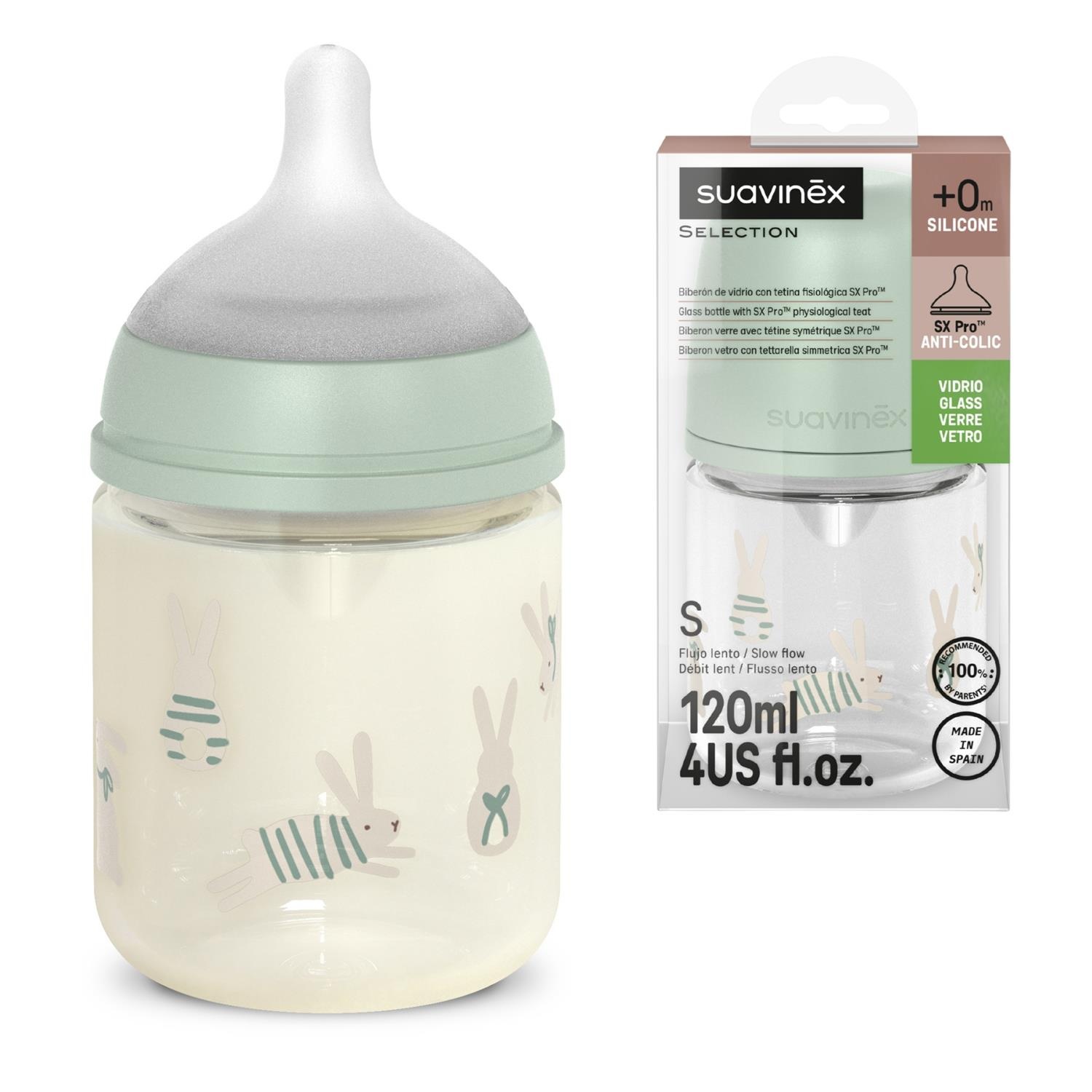 Suavinex Zuigfles Sx Pro Wonderland Glas 120 ml - Zuigspeen small - Konijn Groen