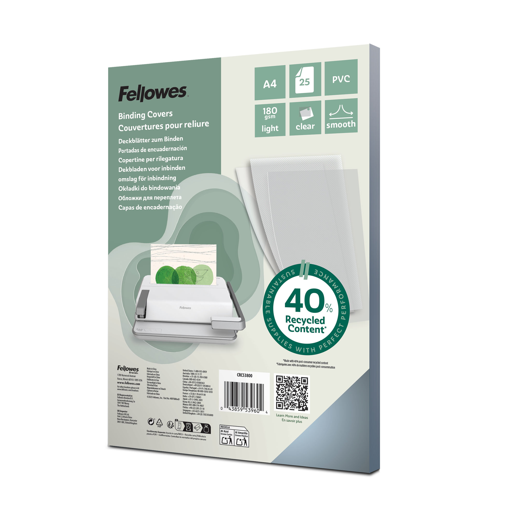 Fellowes Dekbladen A4 Gerecycled PVC 180 Micron Clear 25 stuks