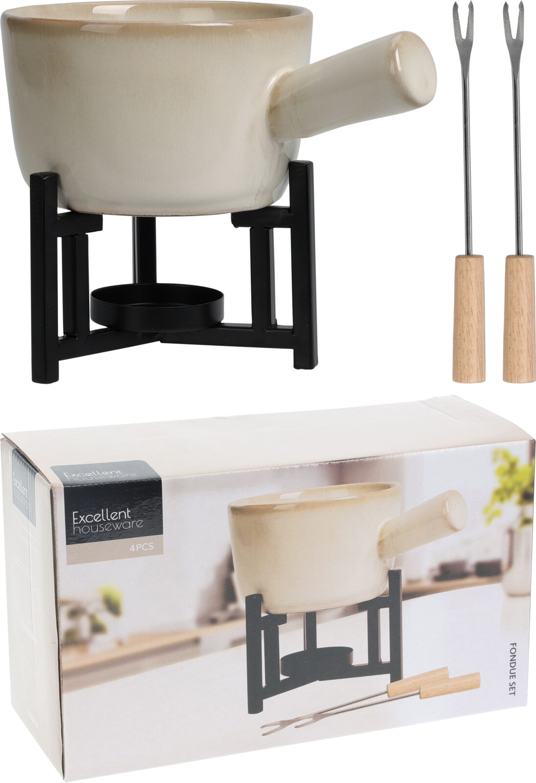 Fondueset 4-delig - Porselein/Metalen Stand - 8x17.6 cm - RVS - Porseleinen Pot/Metalen Onderstel/2 Fonduevorken