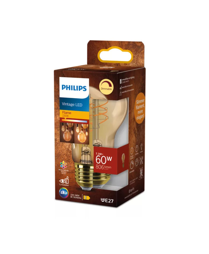 Philips LED Standaard Lamp A60 Filament Amber E27 7.3W 806lm 2200K Dimbaar