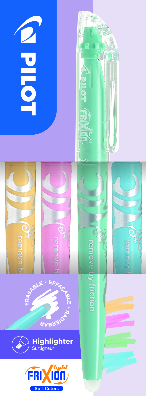 Pilot Frixion Light Soft Set  4 Kleuren Soft Oranje-Soft Roze-Soft Groen-Soft Blauw Uitwisbaar