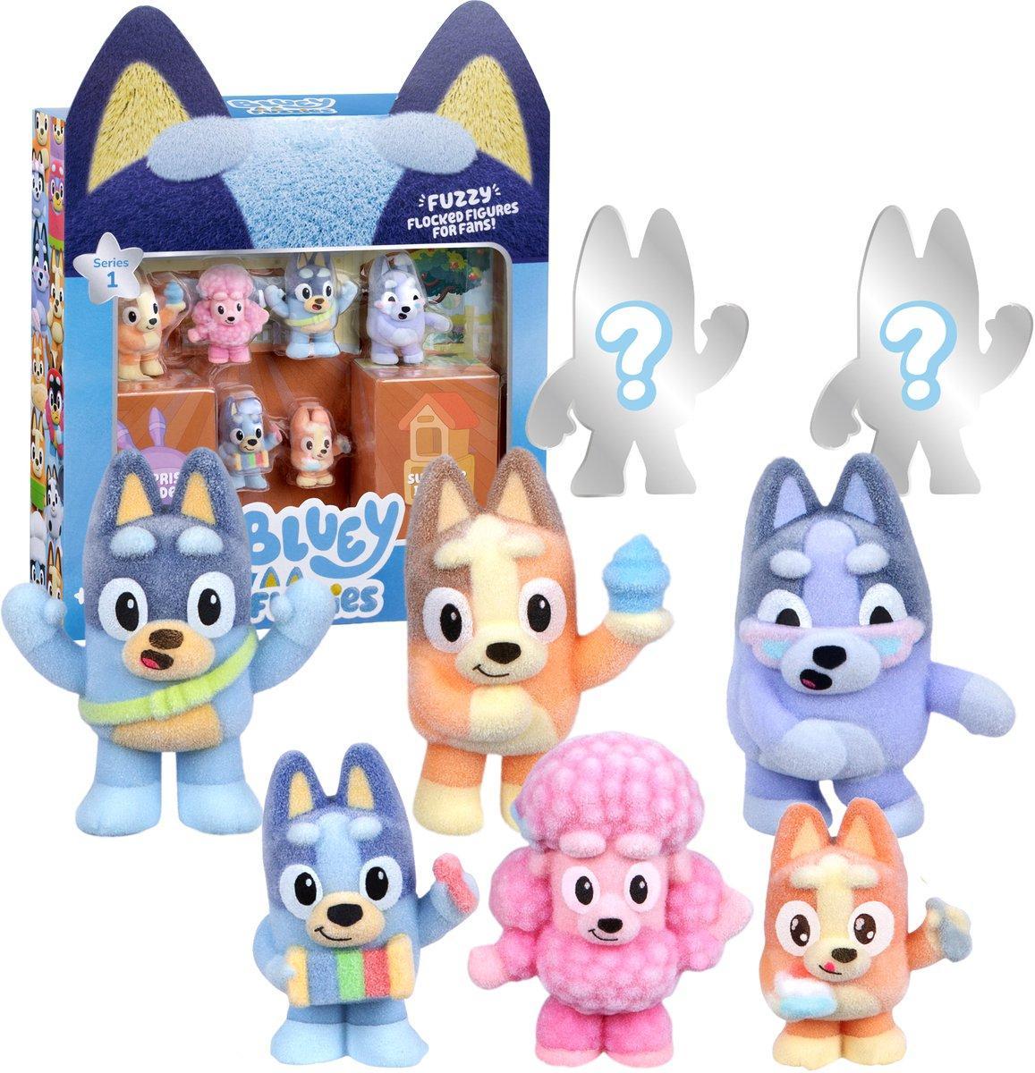 Bluey S14 Fuzzies Deluxe figuren pack, 8 geflokte figuren