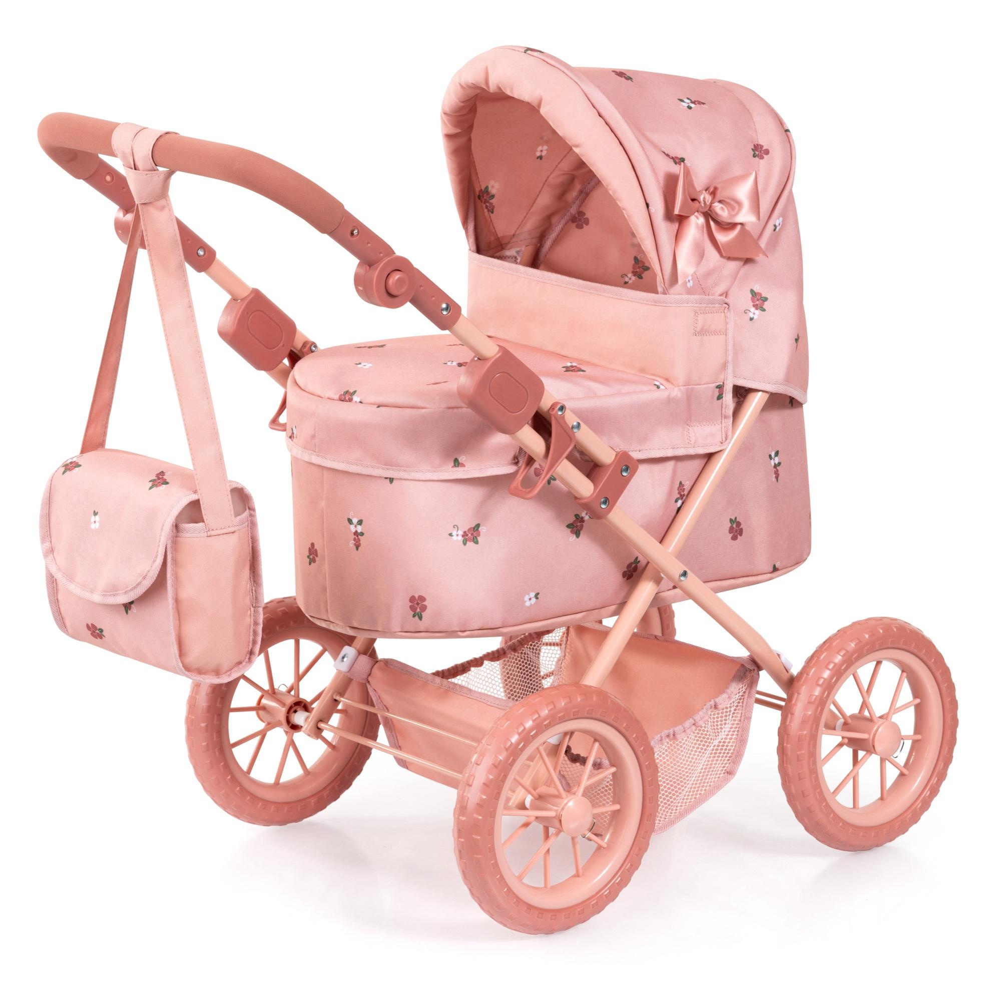 Trendy Poppenwagen met luiertas voor poppen tot 46 cm, roze met bloemen