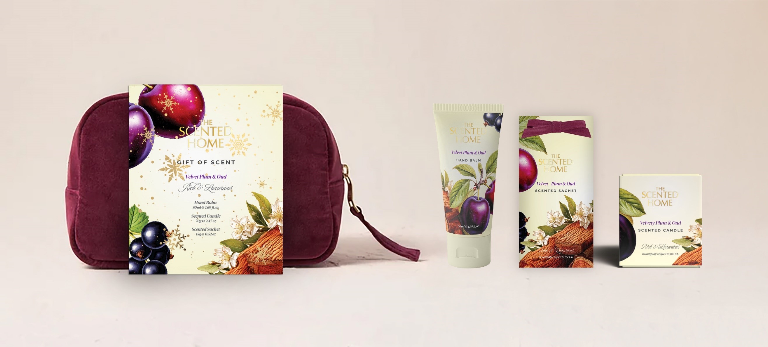 Scented Home Velvet Plum Set Plum & Oud - Geurkaars/Geurzakje/Handcreme