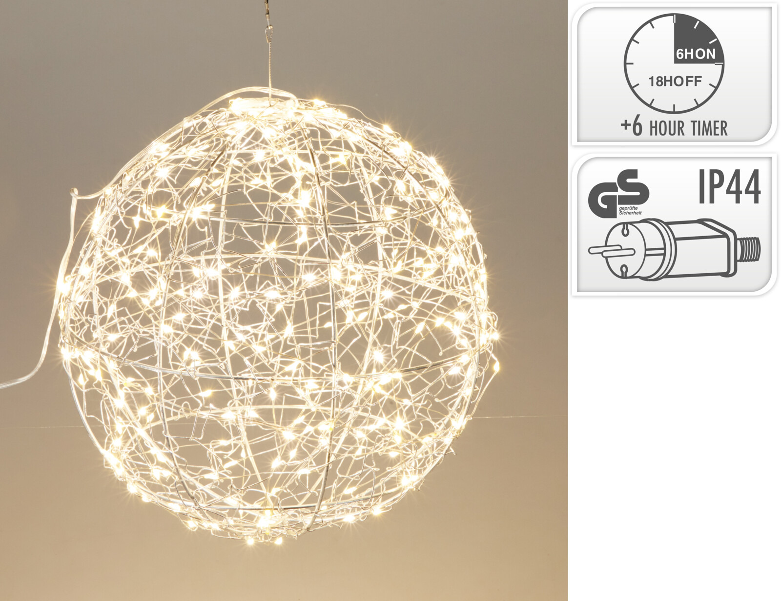 Bal LED Zilver 35cm - Metaal - 500 led - Warm Wit - met Adapter IP44 Bal LED Zilver 35cm - Metaal - 500 led - Warm Wit - met Adapter IP44