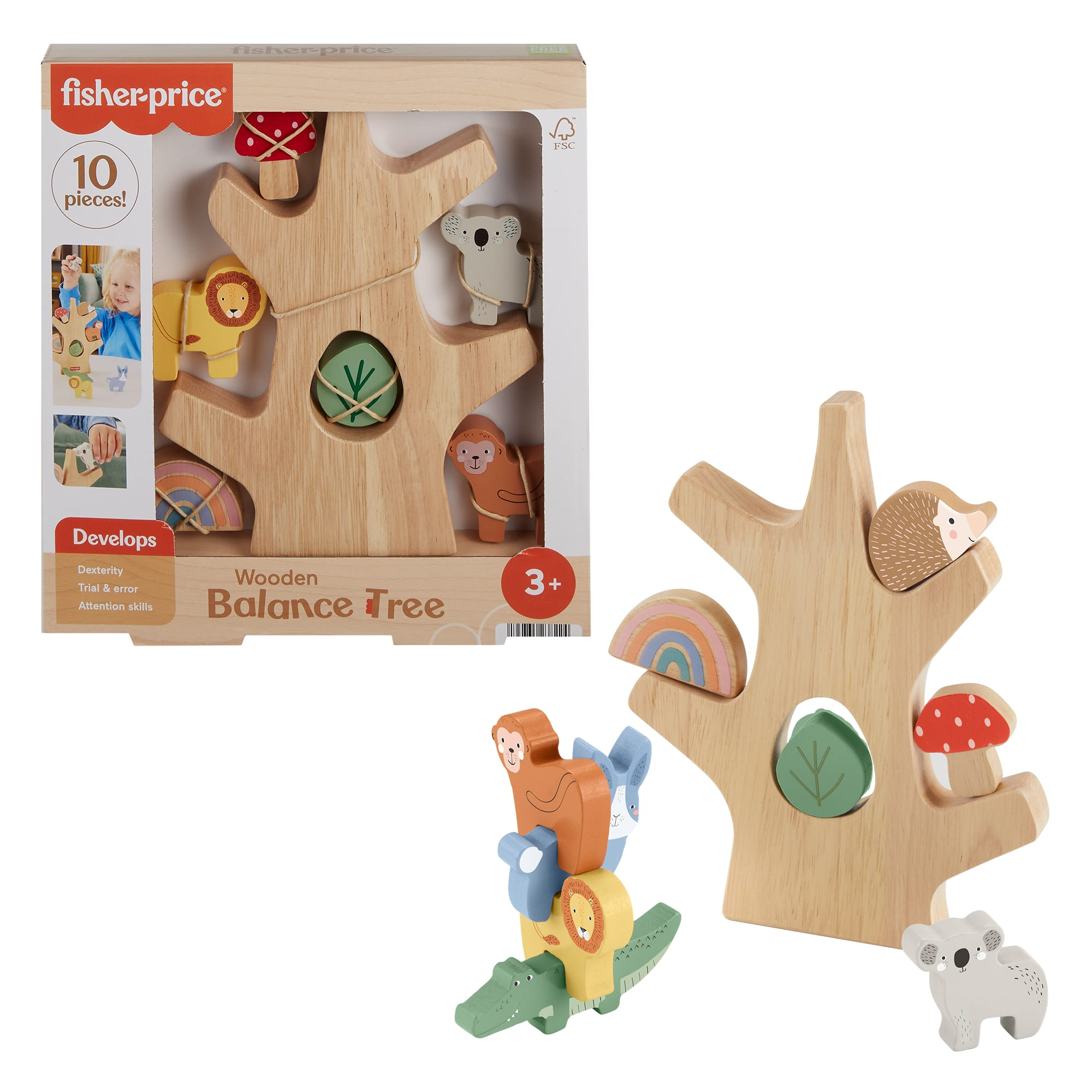 Fisher-Price Houten balansboom, stapelspeelgoed voor peuters, 10 onderdelen