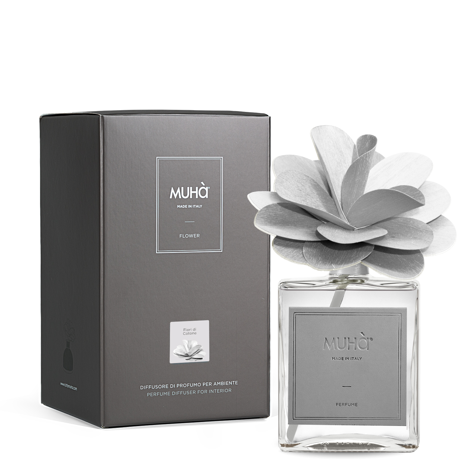 Muhà Geurdiffuser Flower Light Grey 500ml - Cotton Flowers