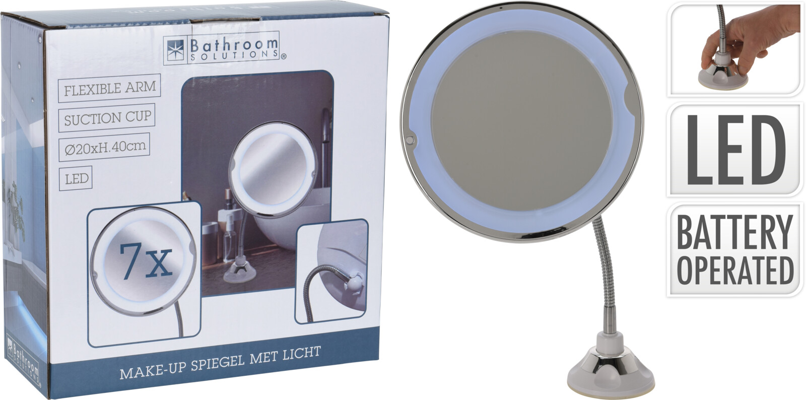 Make-up Spiegel LED 20x40 cm - met Zuignap & Flexibele Arm - excl. Batterijen