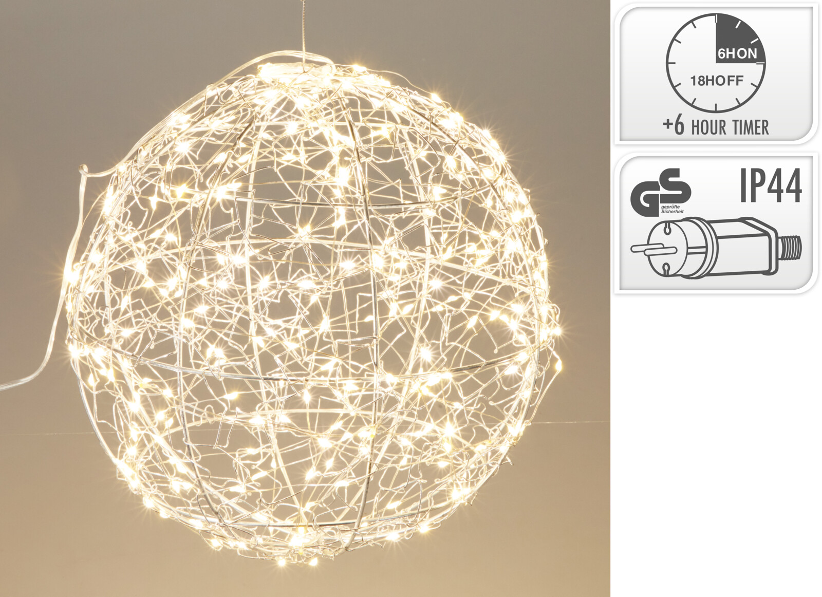 Bal LED Zilver 25cm - Metaal - 300 led - Warm Wit - met Adapter IP44