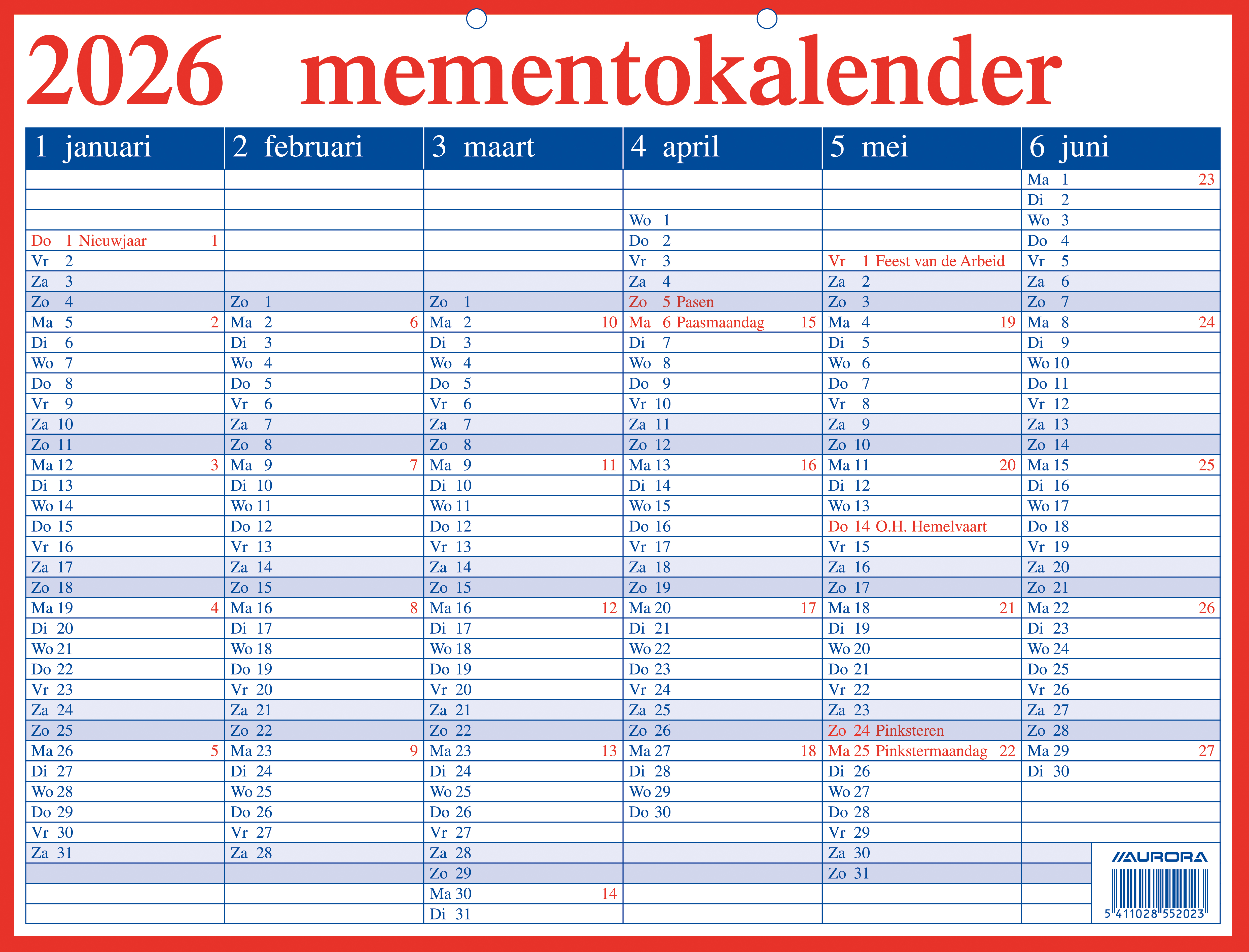 Aurora Mementokalender 2026 Nederlands 42x32 cm