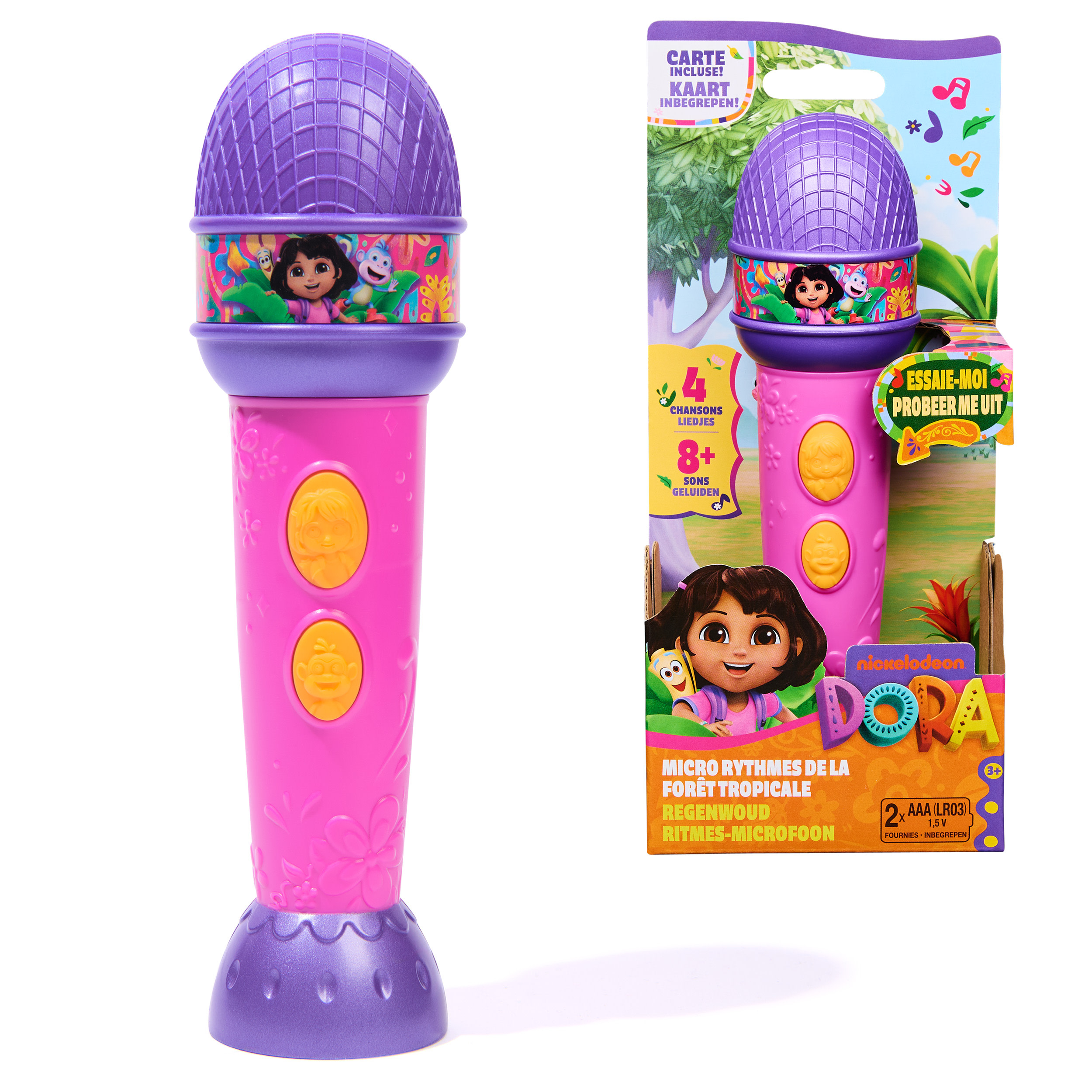 Dora - Regenwoudritmes microfoon met muziek, geluideffecten en tweetalige zinnen