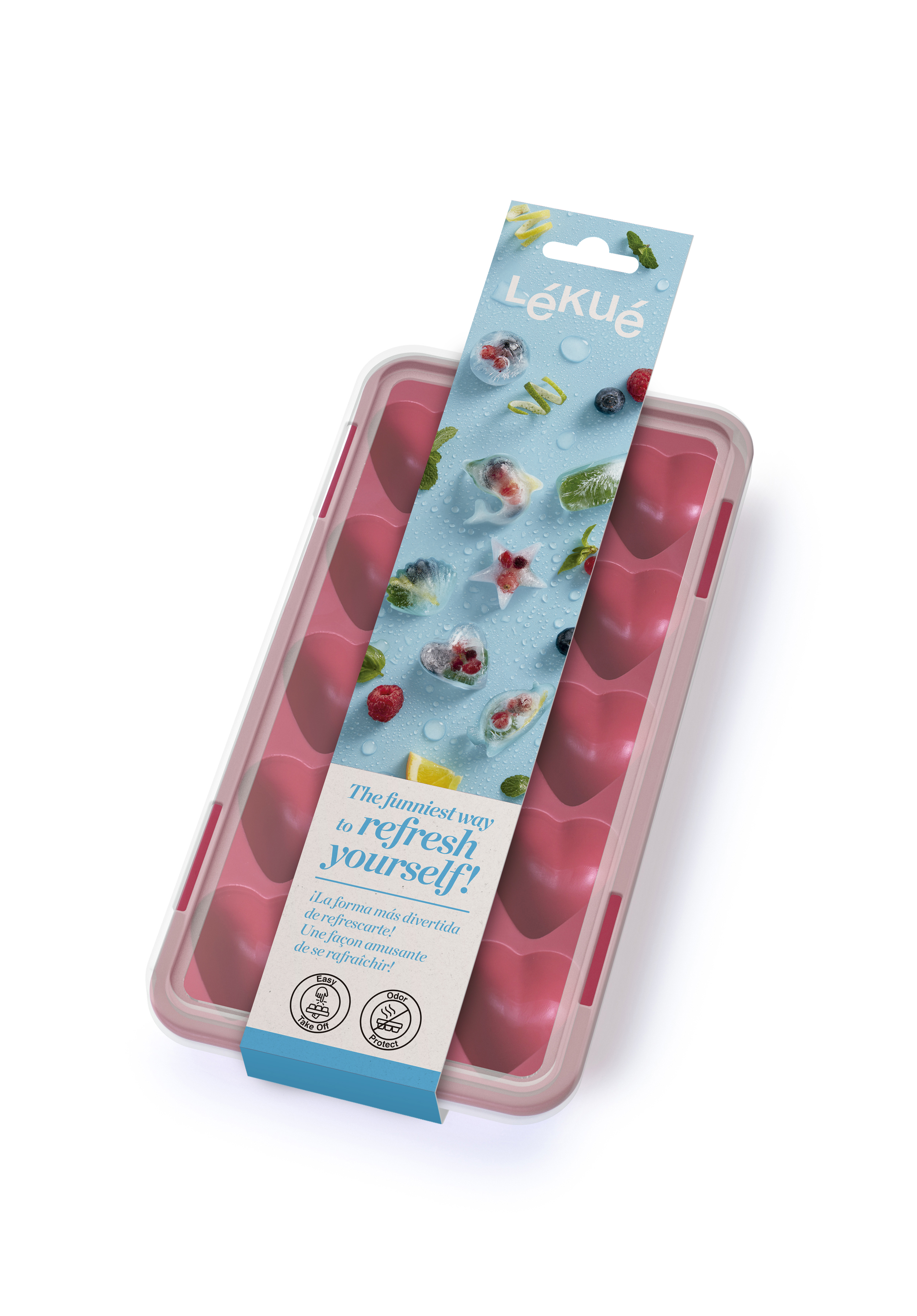 Lékué IJsblokjesvorm Hartjes voor 14 IJsblokjes - Silicone - 23x12x3 cm - Rood - met Deksel
