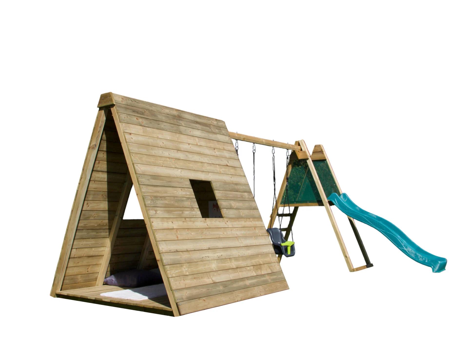 BnB Wood Totem Speelhuis met Schommel en turquoise Glijbaan