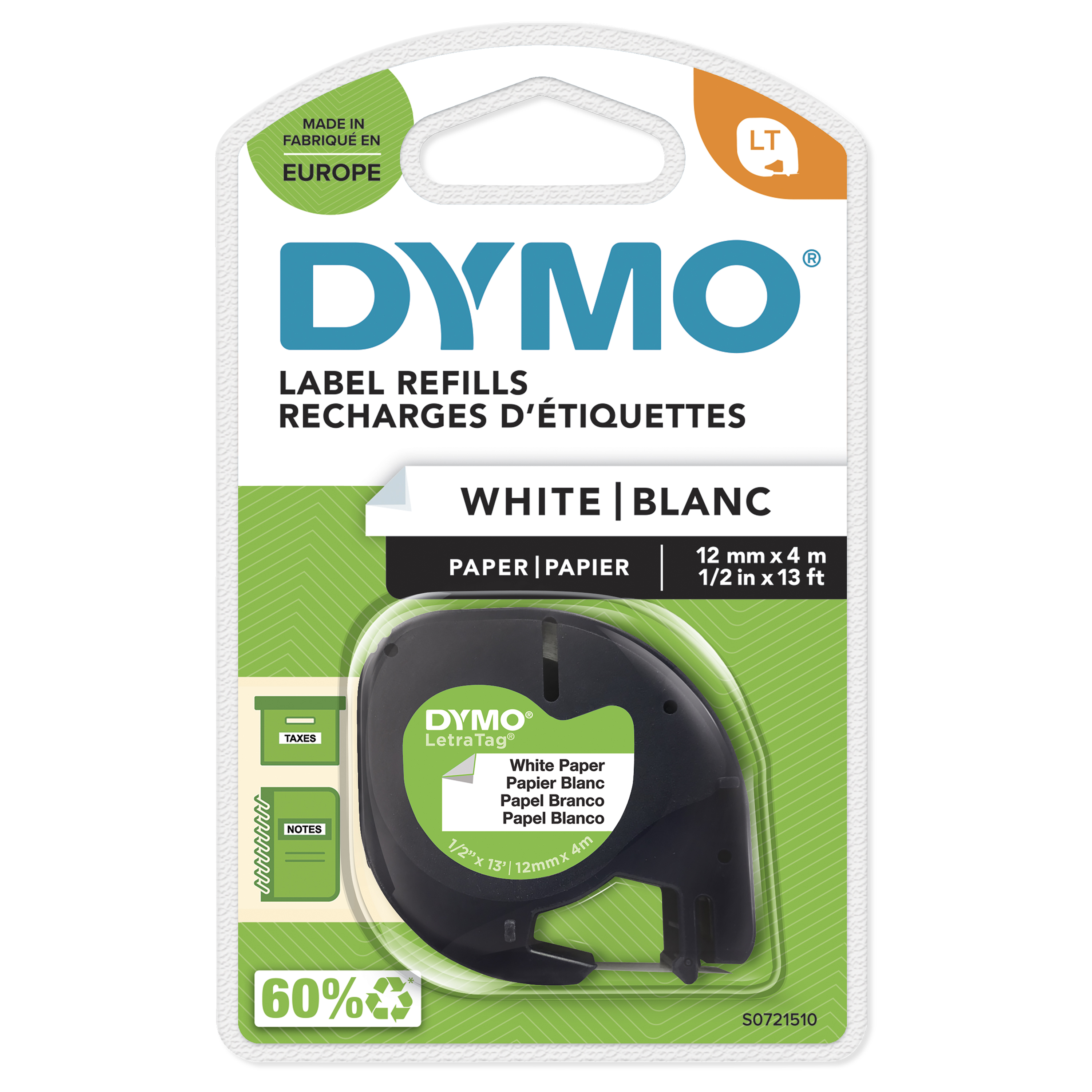LetraTag Tape Papier Wit 12mm x 4m - Zwart op Wit