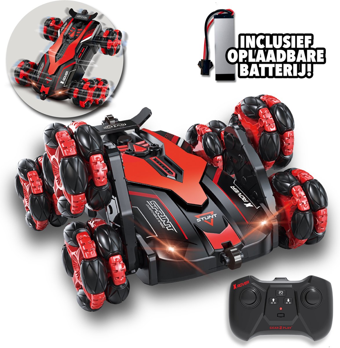 Gear2Play RC Stuntcar met 6 Wielen Rood