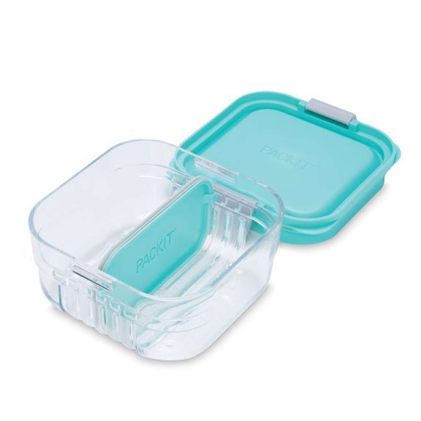 Pack It Bento Snackbox Transparant/Blauw 13x13x7 cm - met 3 Verdelers