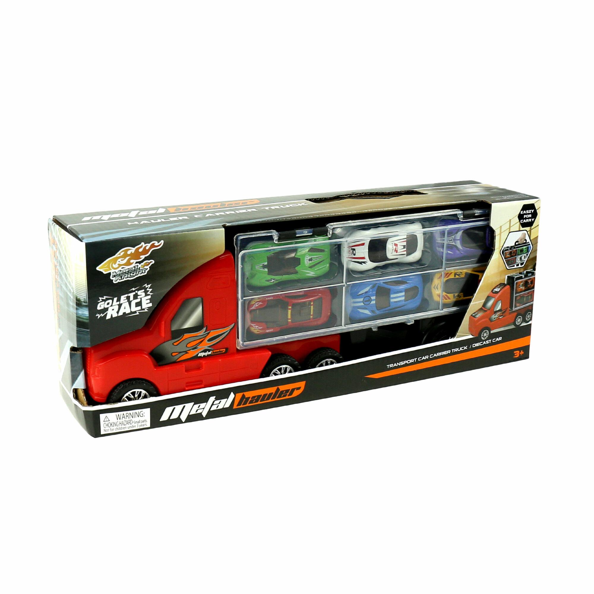 Autotransporter met 6 metalen auto's 37 cm