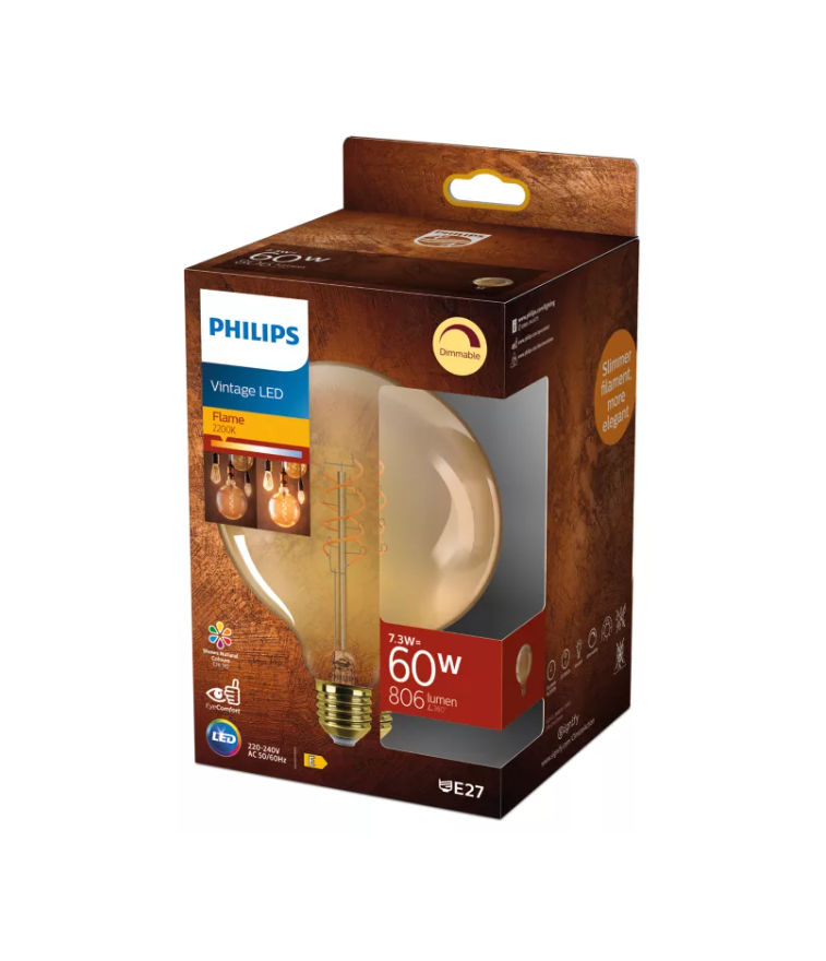 Philips LED Bollamp G125 Filament Amber E27 7.3W 806lm 2200K Dimbaar
