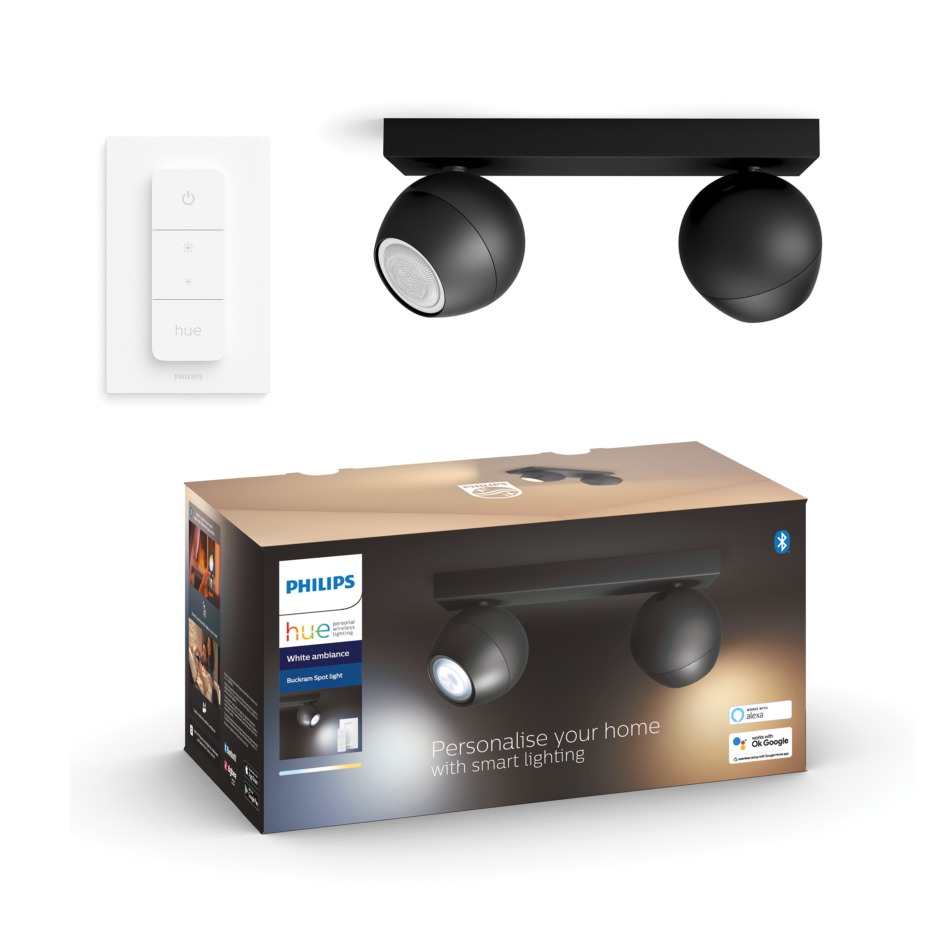 Philips Hue Opbouwspot Buckram Zwart 2x GU10 5W White Ambiance met Switch