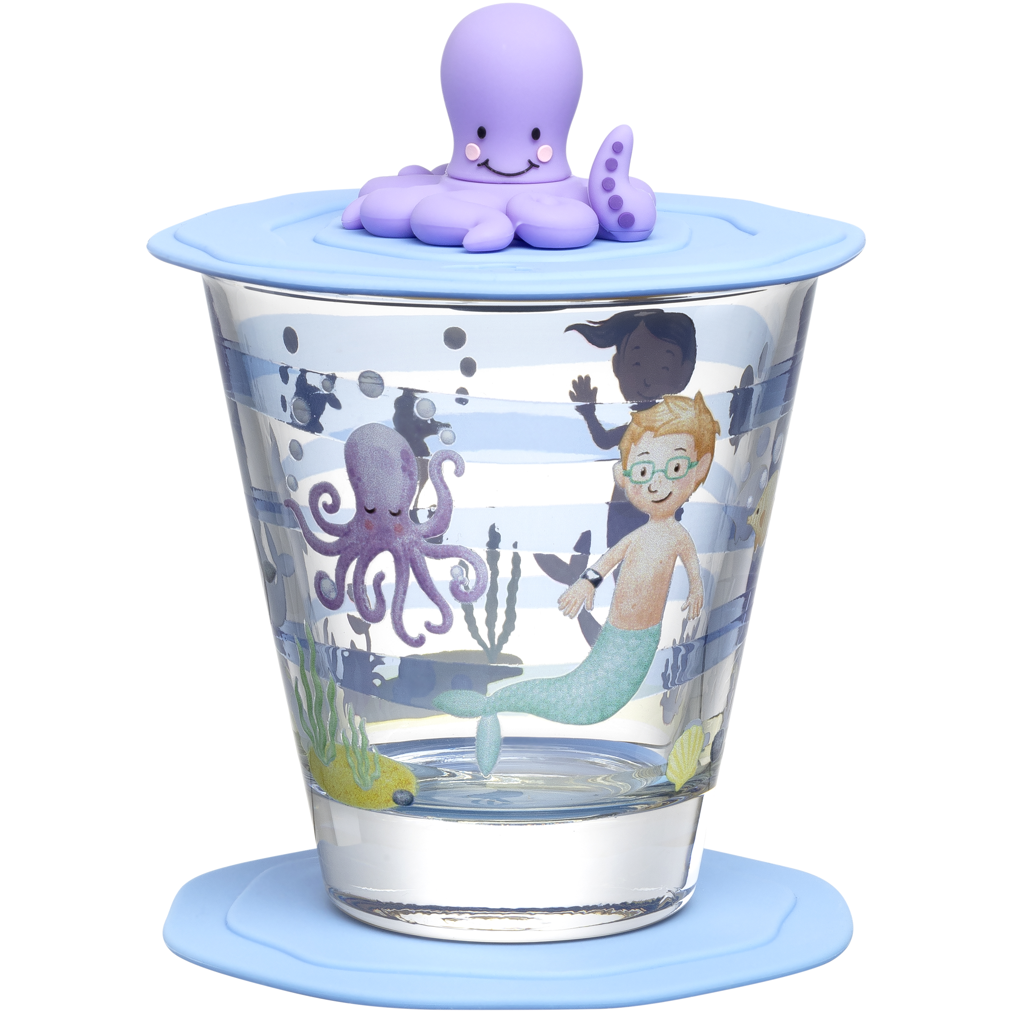 Leonardo Drinkglas Bambini Sea 215ml met Deksel & Silicone Glasonderzetter - 10.8x10 cm - Deksel met Gleuf voor Rietje