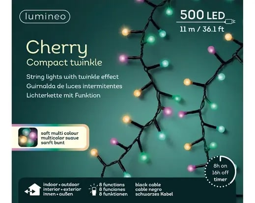 Kerstverlichting LED Cherry Twinkle 11m - 500 Lights - Black/Soft Multi - In/Outdoor
