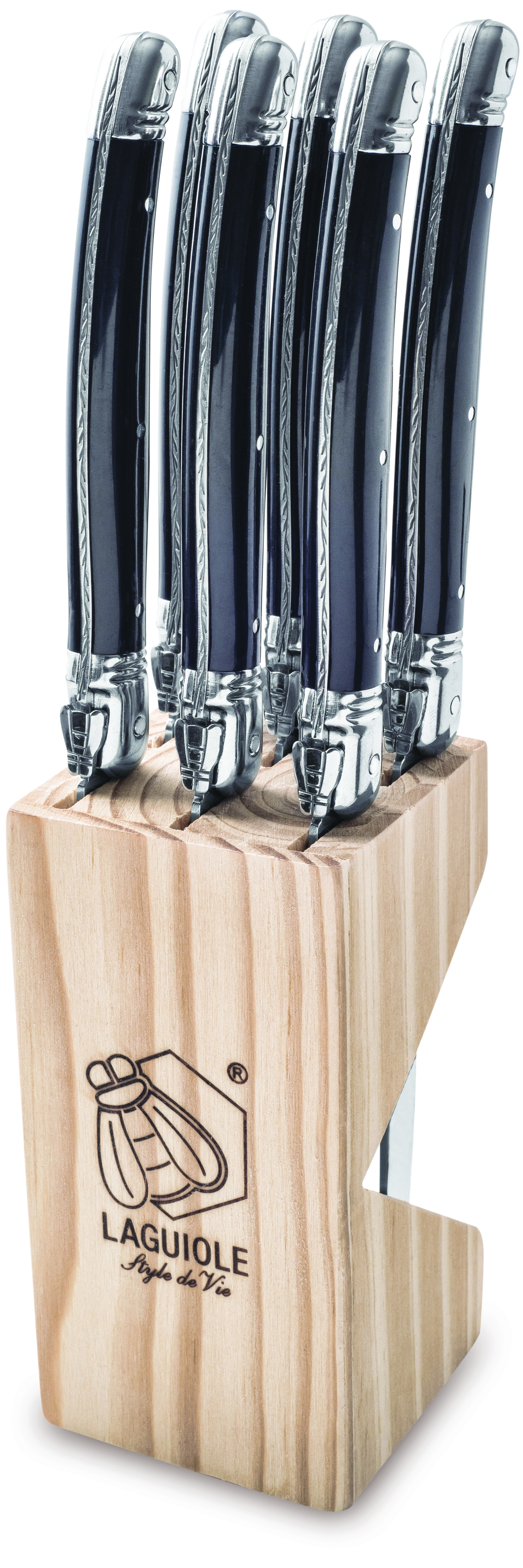 Laguiole Steakmes Zwart set 6 stuks in houten Blok by Style de Vie