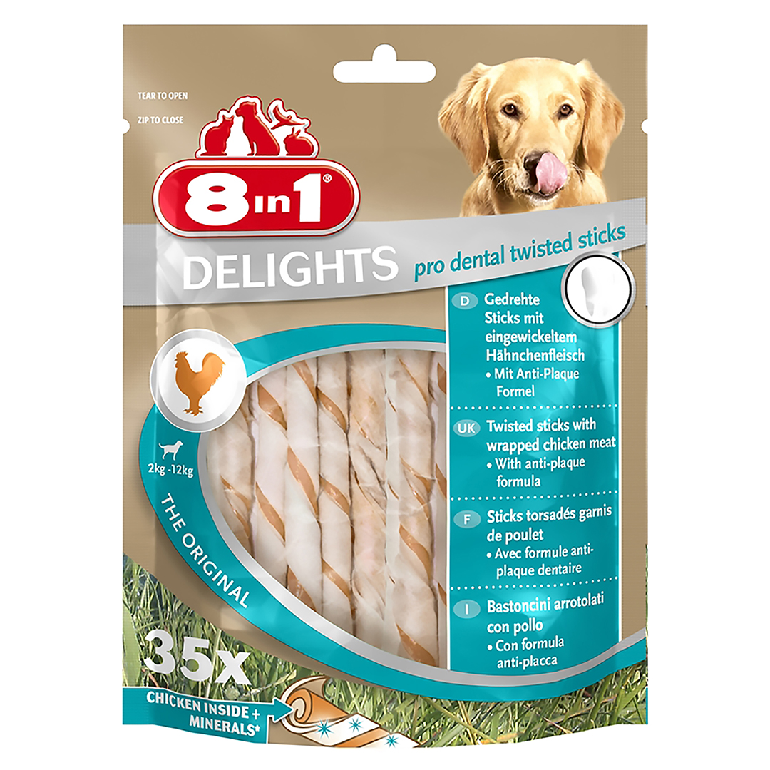 8in1 Delights Pro Dental Twisted Sticks Chicken+Minerals - 35 stuks