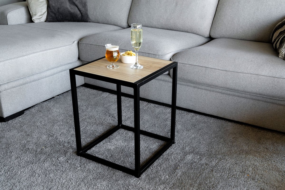 Bijzettafel 002 Industrieel 39x39x49cm Zwart - Naturel Eik